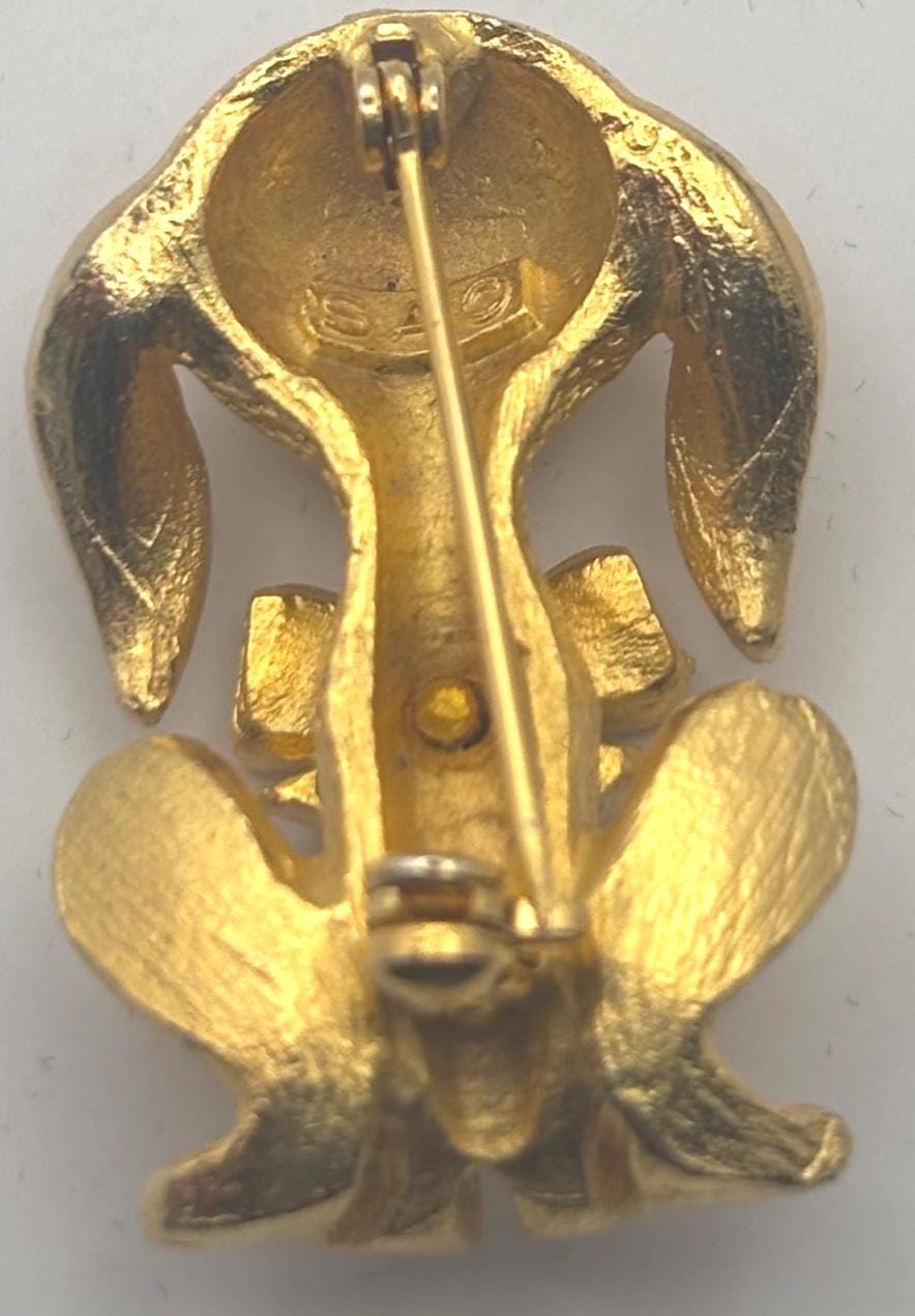 Gold Puppy with Green Rhinestone Eyes Pin, Dog with Bow Brooch, Signed SAO