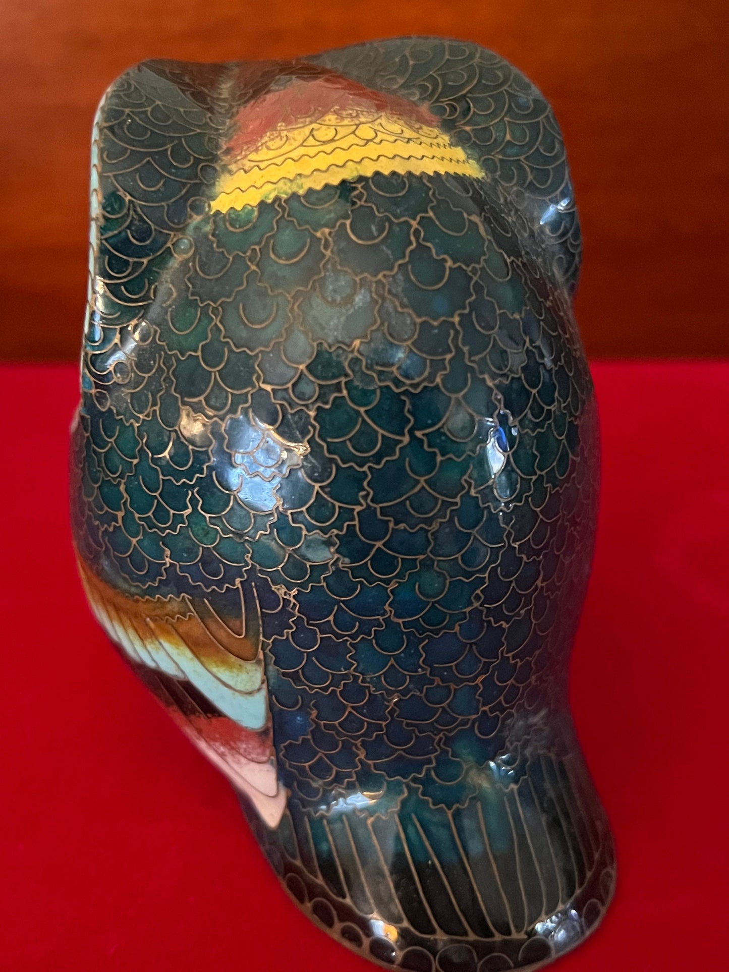Vintage Cloisonné Enamel Owl Figurine: Cobalt Blue Brass Base