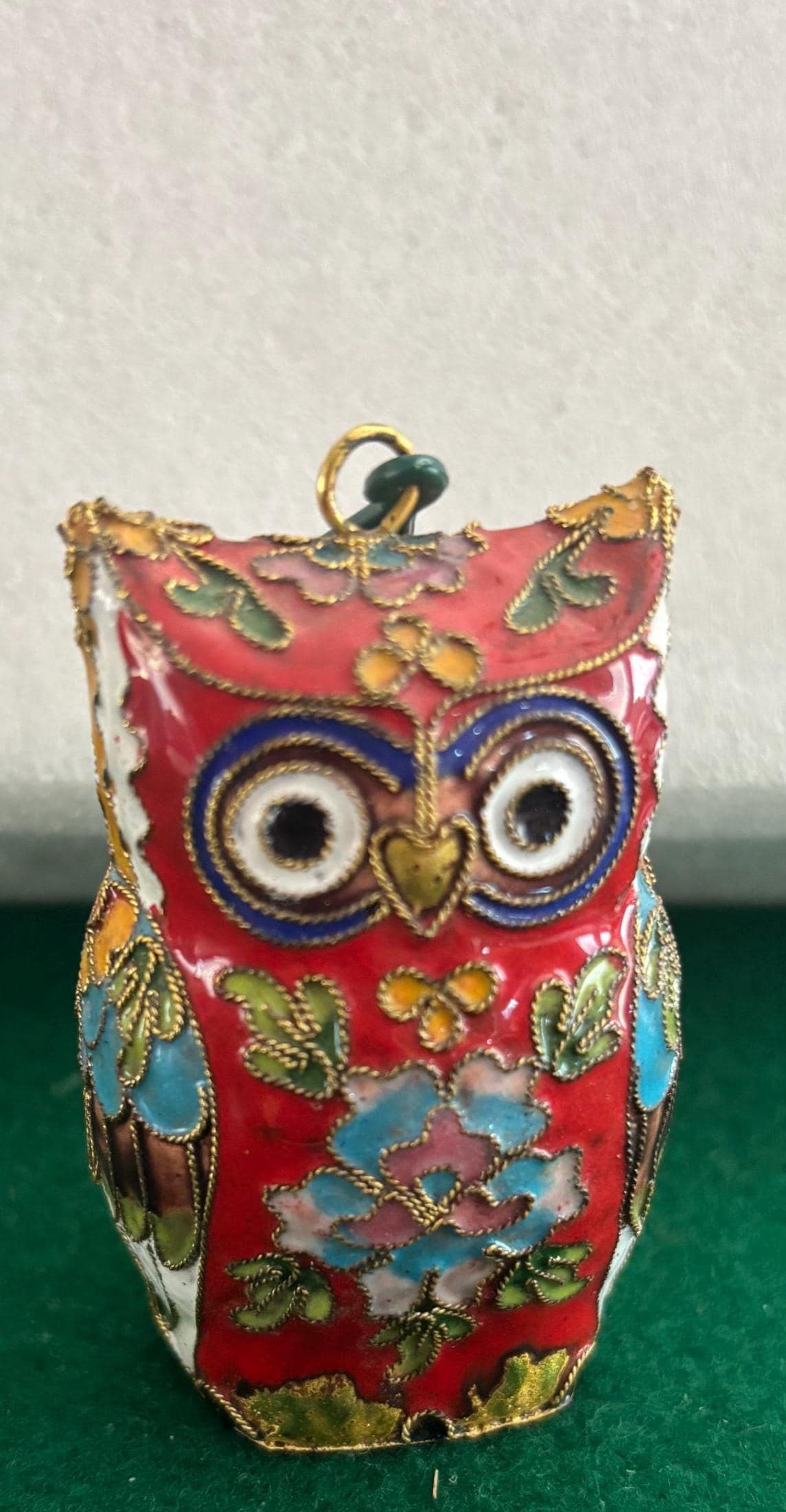 Vintage Red Cloisonné Owl Statue: Enameled Brass Figurine