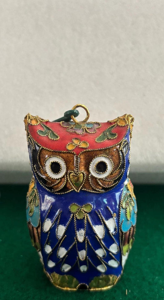 Red Cloisonné Brass Enamel Owl, Colorful Enameled Figurine, Lover Antiques and Vintage