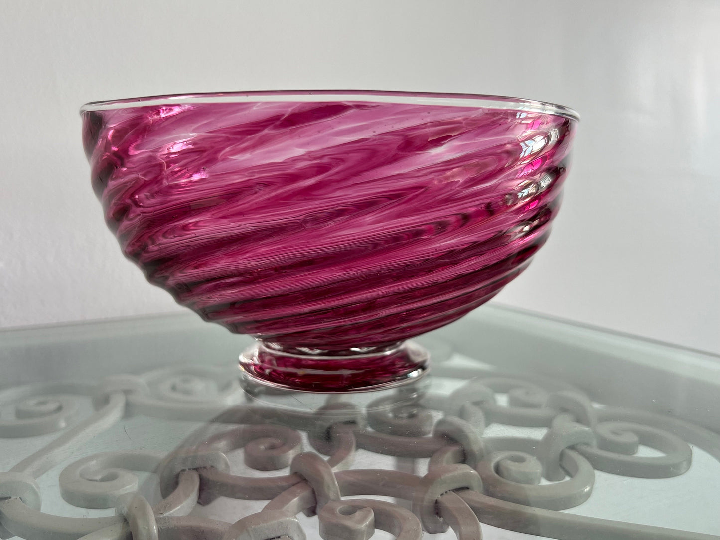 Vintage Cranberry Glass Bowl: Pink Swirl Art Glass, Circa 1960s