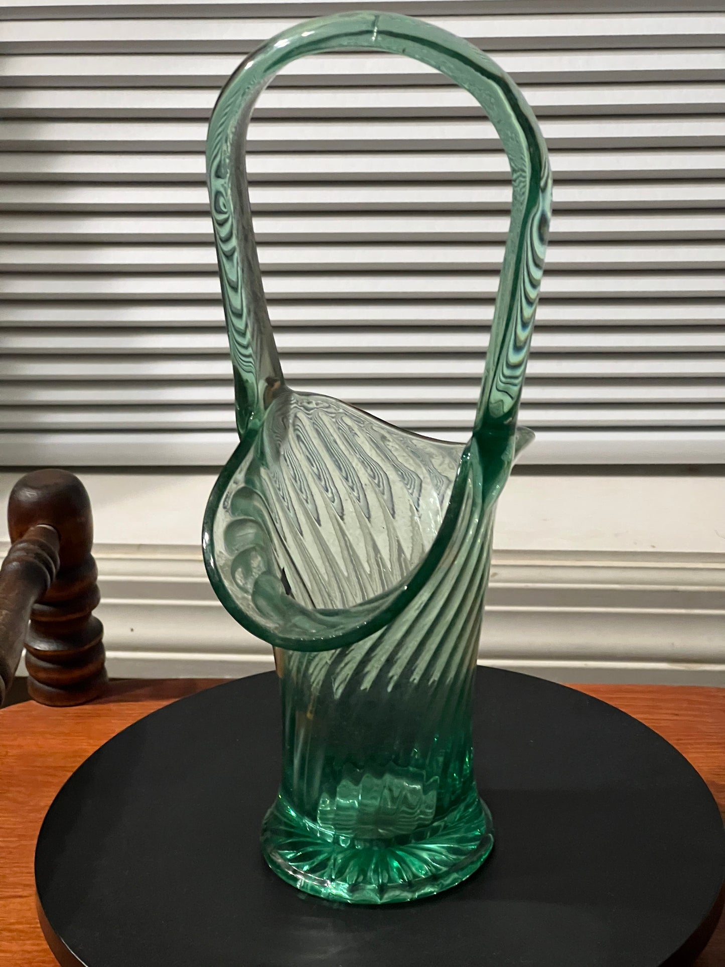 Vintage Uranium Glass Basket, Optical Imperial Glass, Glowing Green