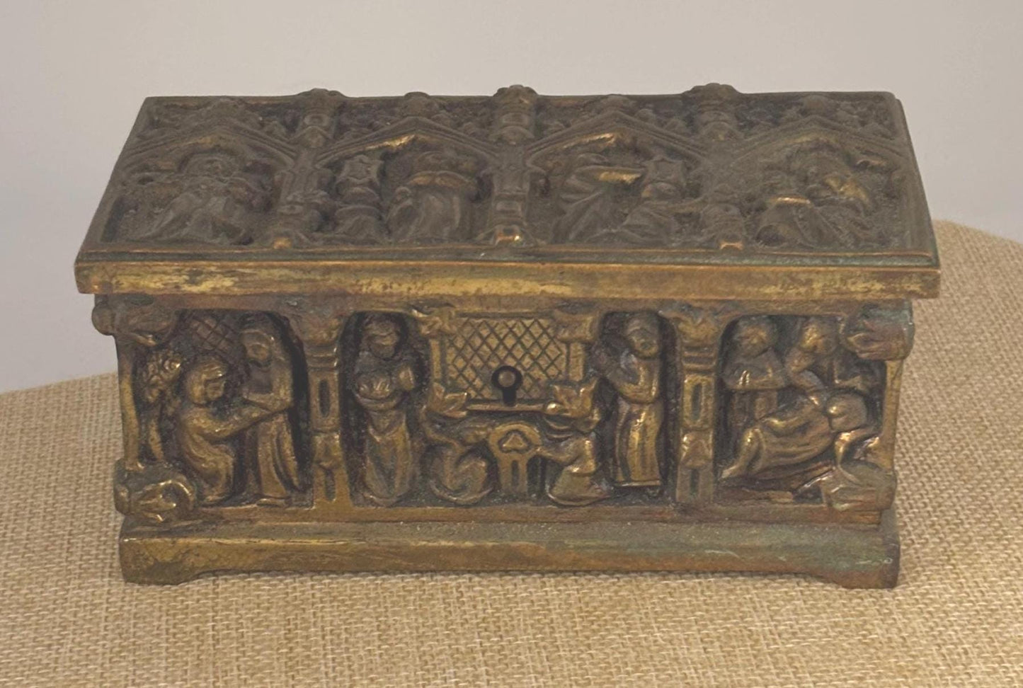 Antique Gothic Bronze Trinket Box Casket Jewelry Box Vintage Relic Collectible