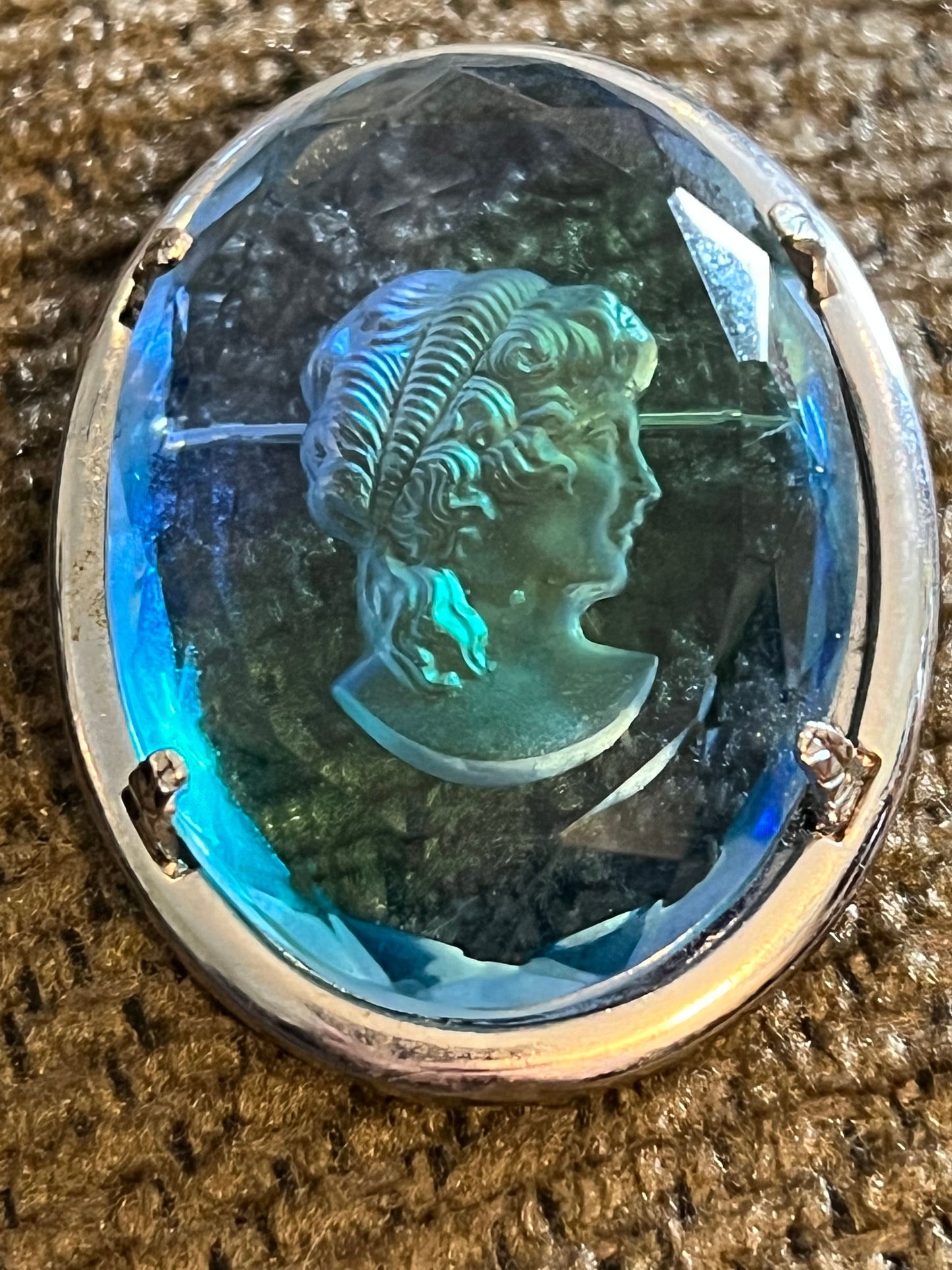 Vintage Warner Cobalt Blue Cameo Brooch: Reverse Carved Woman Portrait