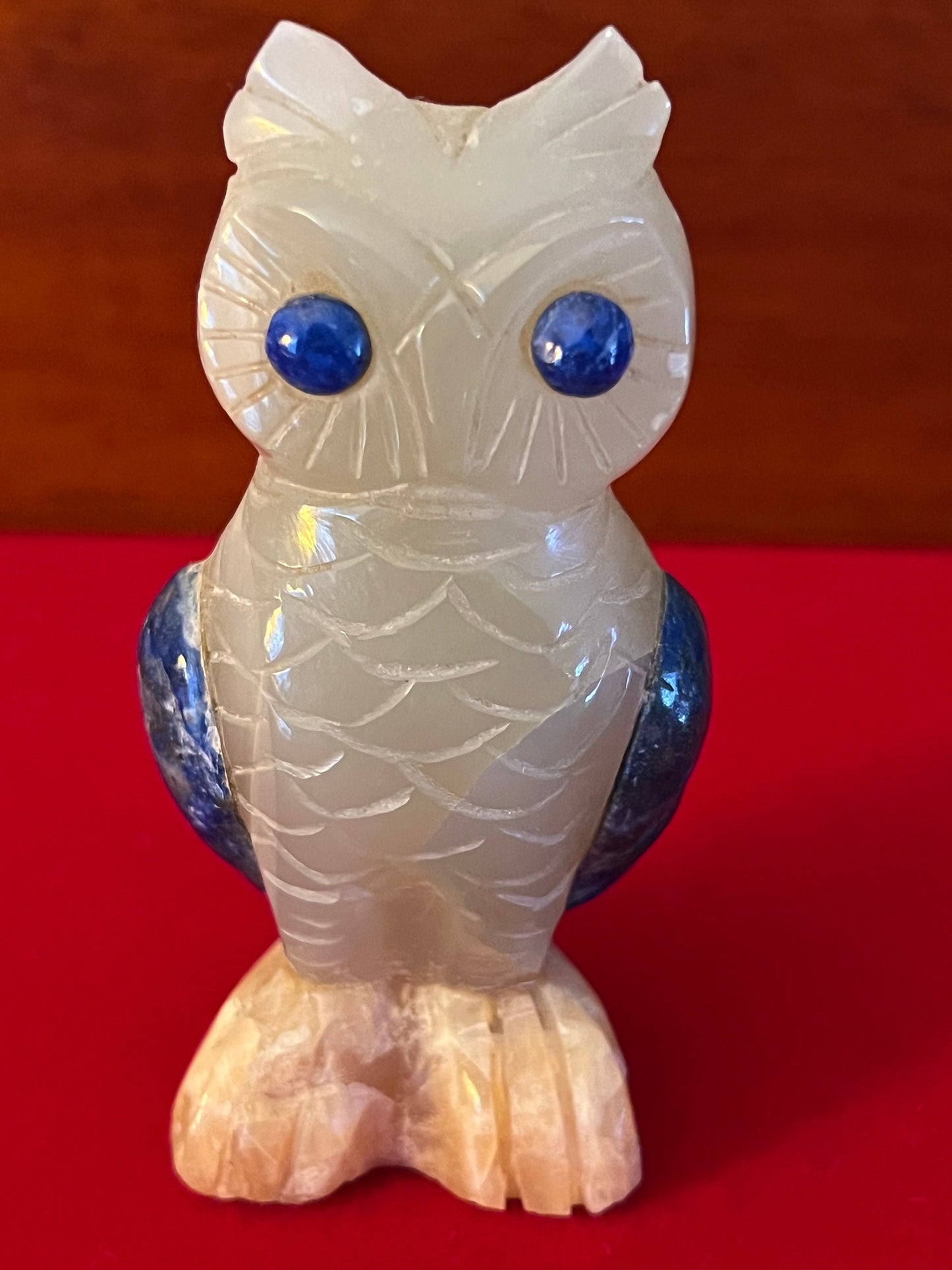 Vintage Carved Quartz Owl Figurine with Blue Eyes