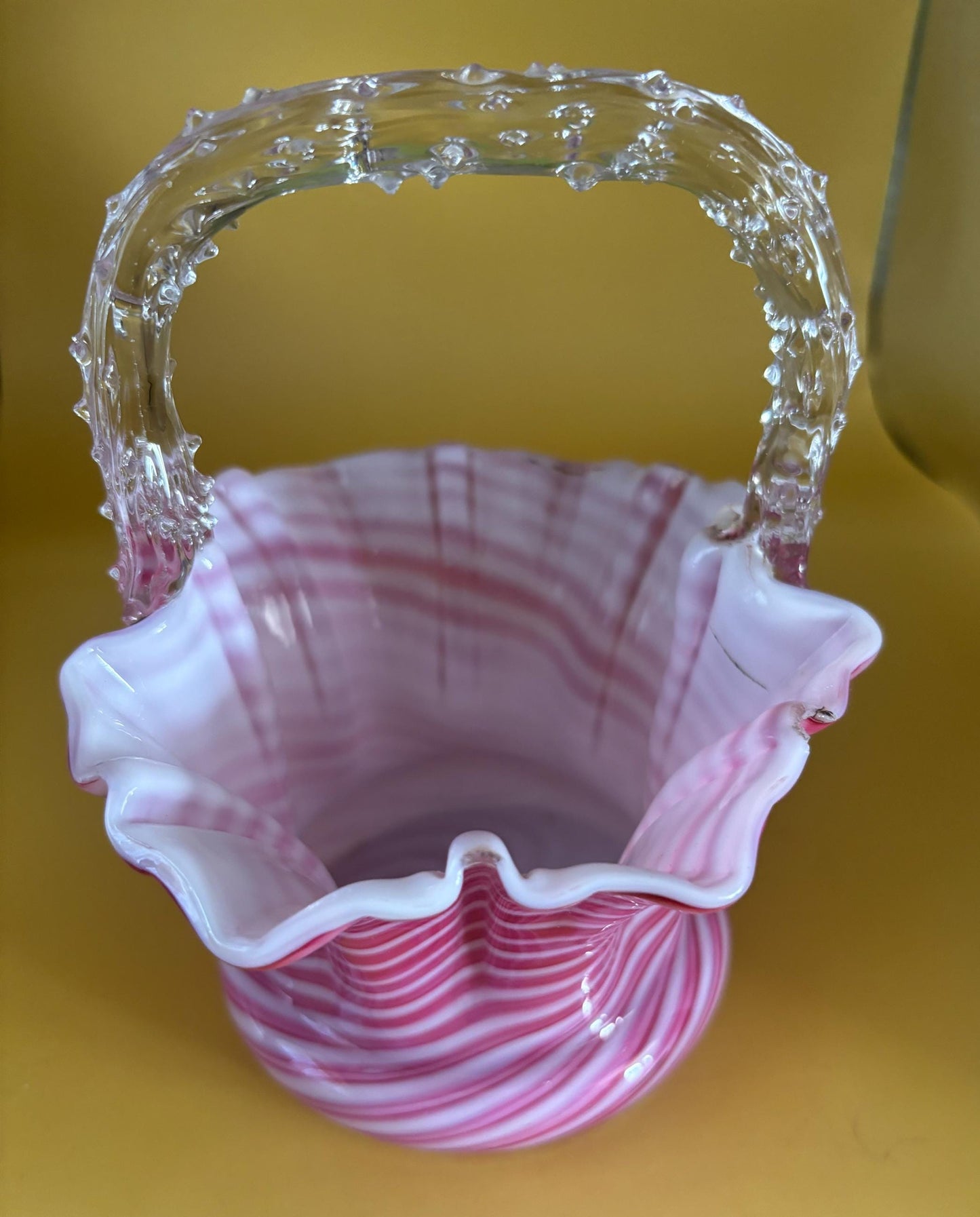 Antique Stevens & Williams Peppermint Pink Swirl Cased Glass Basket Thorn Handle Lover Antiques and Vintage