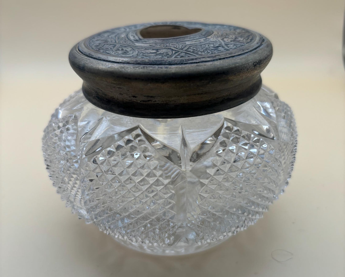 Antique Victorian Cut Crystal Hair Receiver Jar Sterling Silver Lid Lover Antiques and Vintage