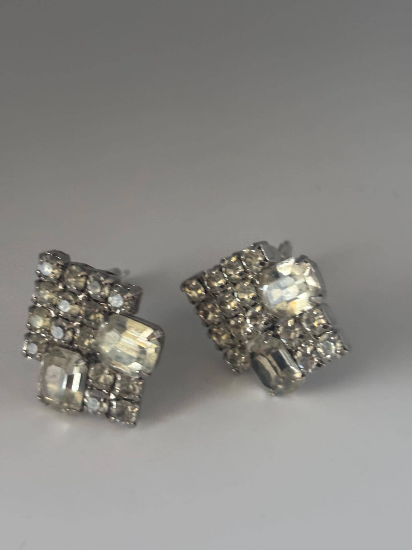 Silver Rhinestone Sparkling Clip On Earrings, Art Deco Jewelry