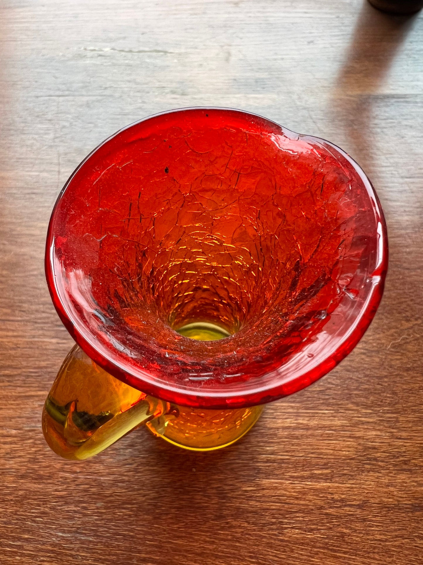 Vintage Amber Crackle Art Glass Orange mini pitcher with handle