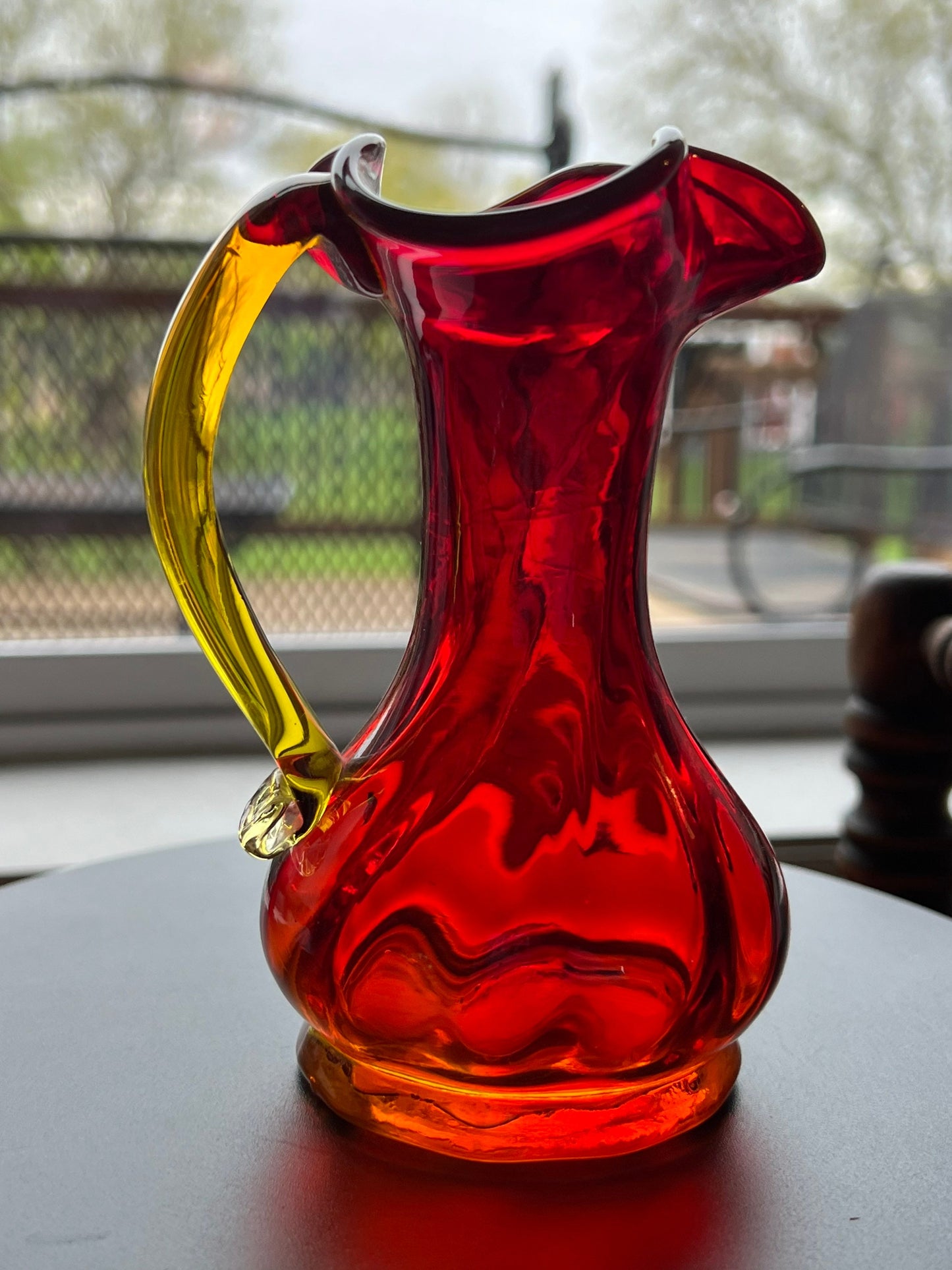 Vintage Kanawha Amberina Glass Pitcher: Red & Yellow Bud Vase, 5”