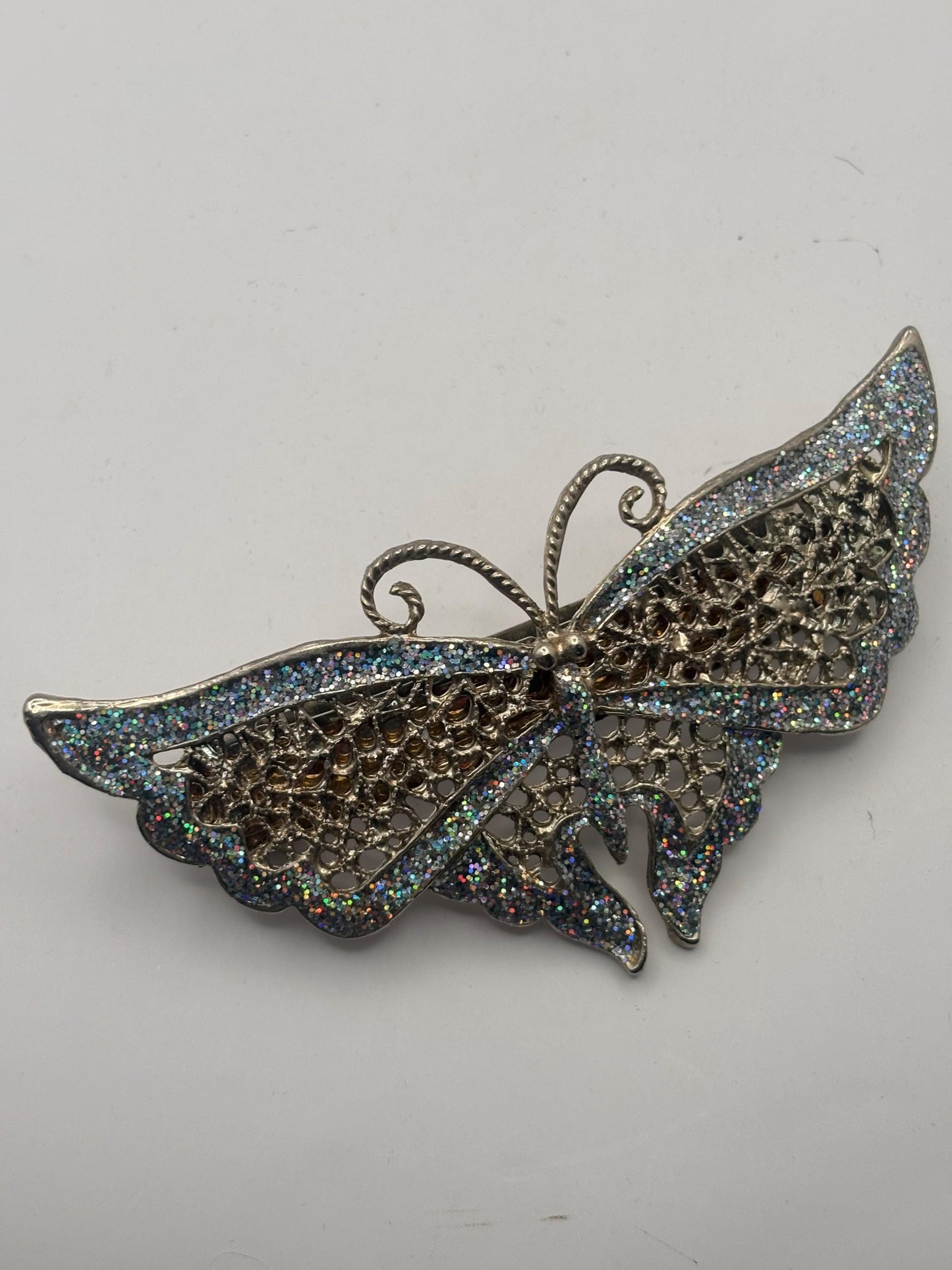 Elegant Butterfly Hair Clip, Butterfly Barrette Circa 1940's, French Silver Glass Stones