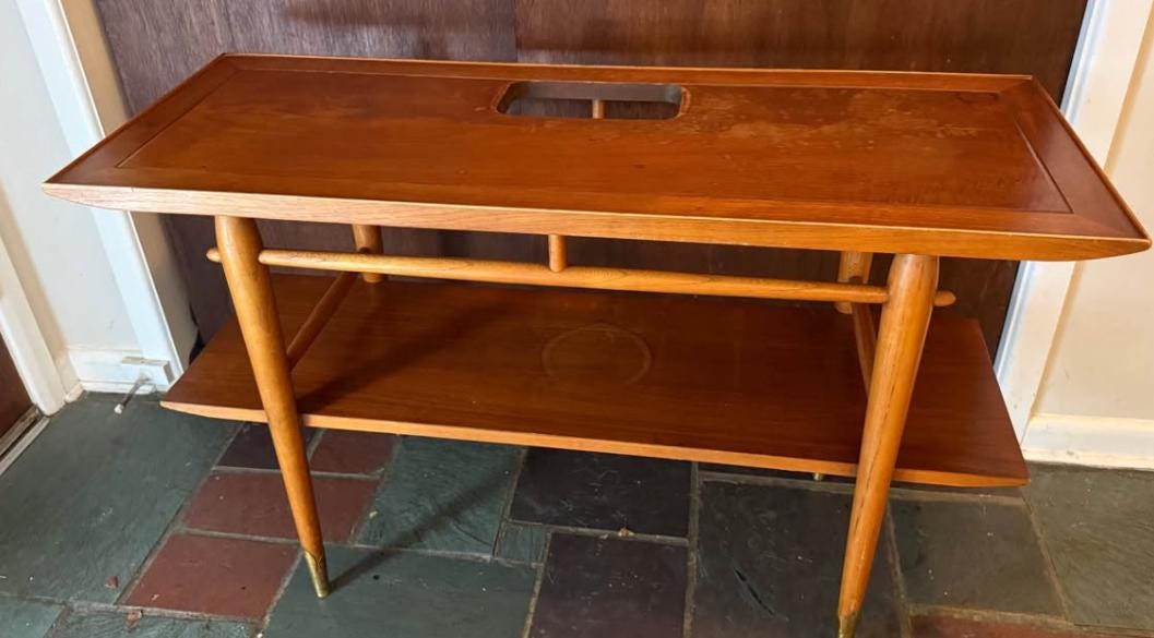 Lane Copenhagen Mid Century Modern Walnut Console Table, Tapered Legs with Brass Tips & a Cut Out, Lover Antiques and Vintage