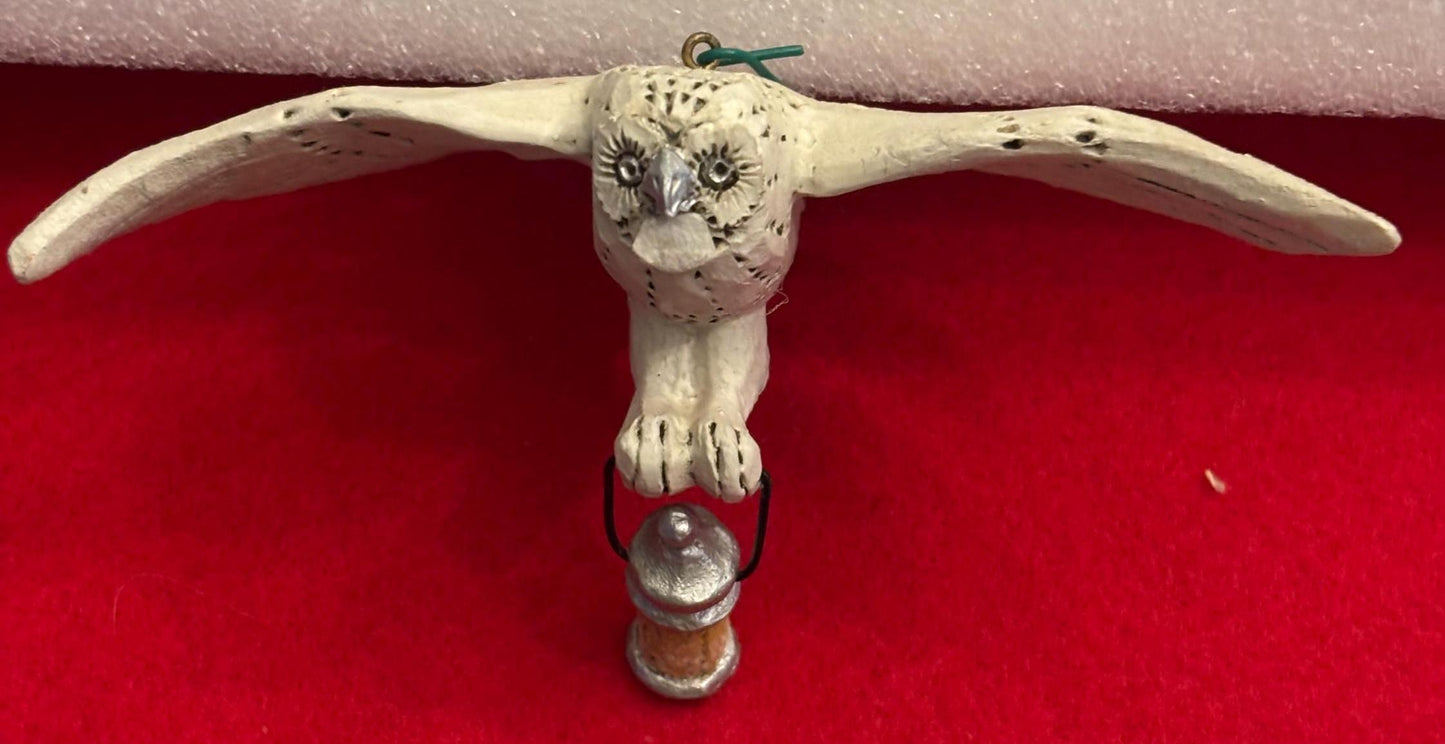 Pam Schifferl Early Hand Carved Owl with Lantern, Wings Spread Carrying a Lantern, Hand Painted Early Owl Carving