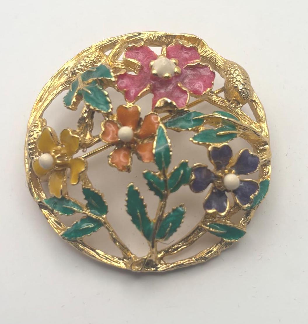 Catherine Popesco Flower Enamel Pin and Gold Floral Brooch, Lover Antiques and Vintage