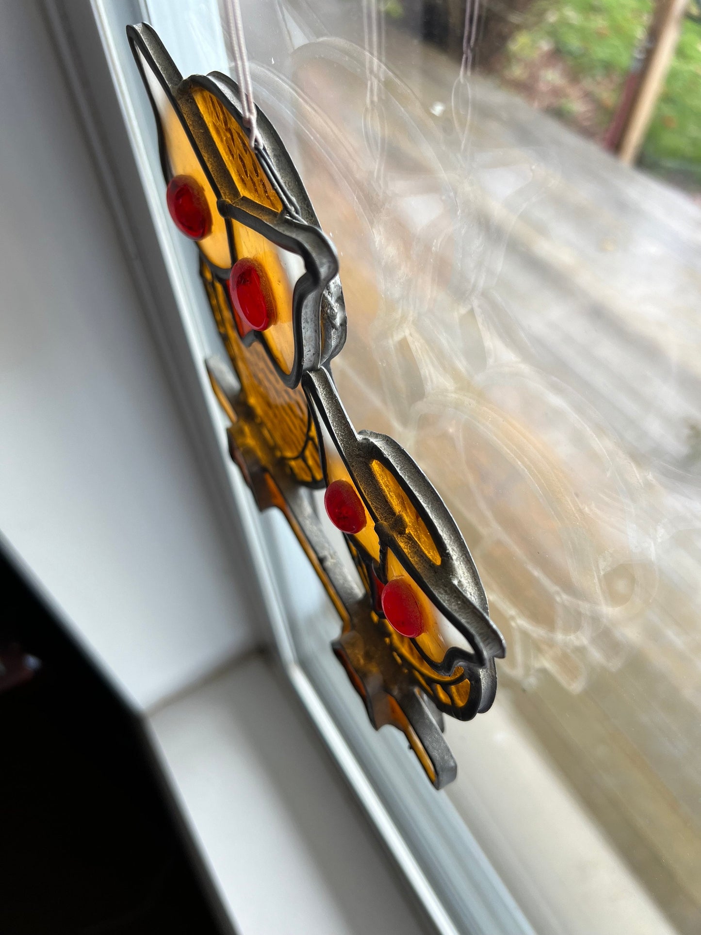 Vintage Stained Glass Owl Family Window Hanging