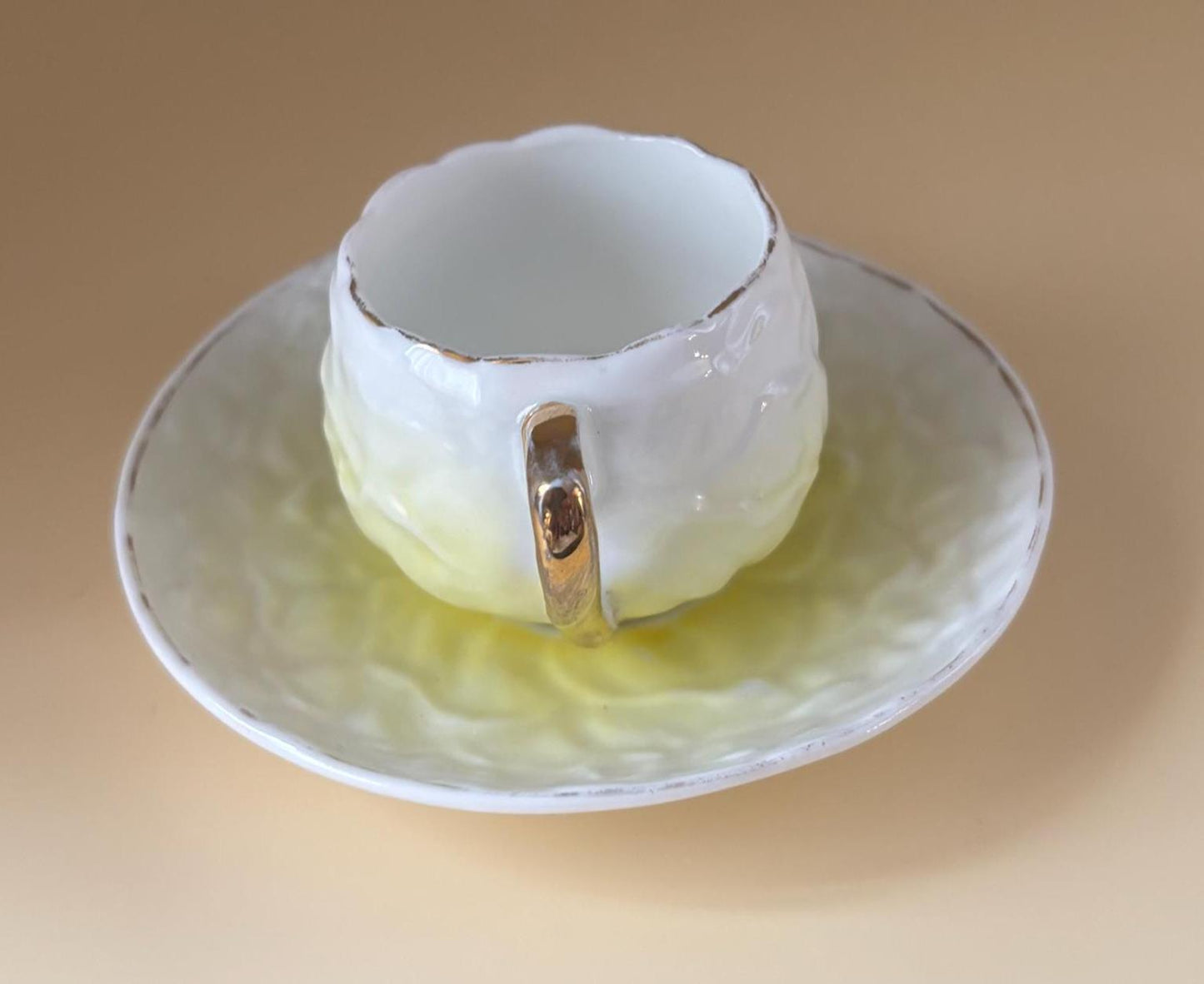Shelley England Porcelain Tea Cup and Saucer Plate, Yellow & White Hombre, Signed and Numbered