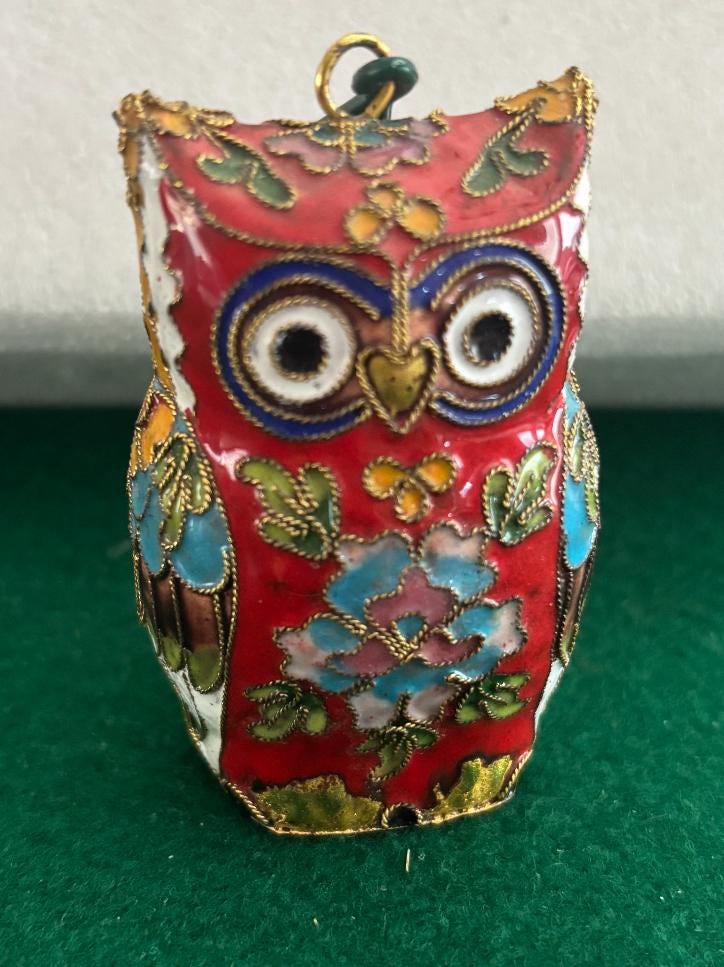 Vintage Red Cloisonné Owl Statue: Enameled Brass Figurine