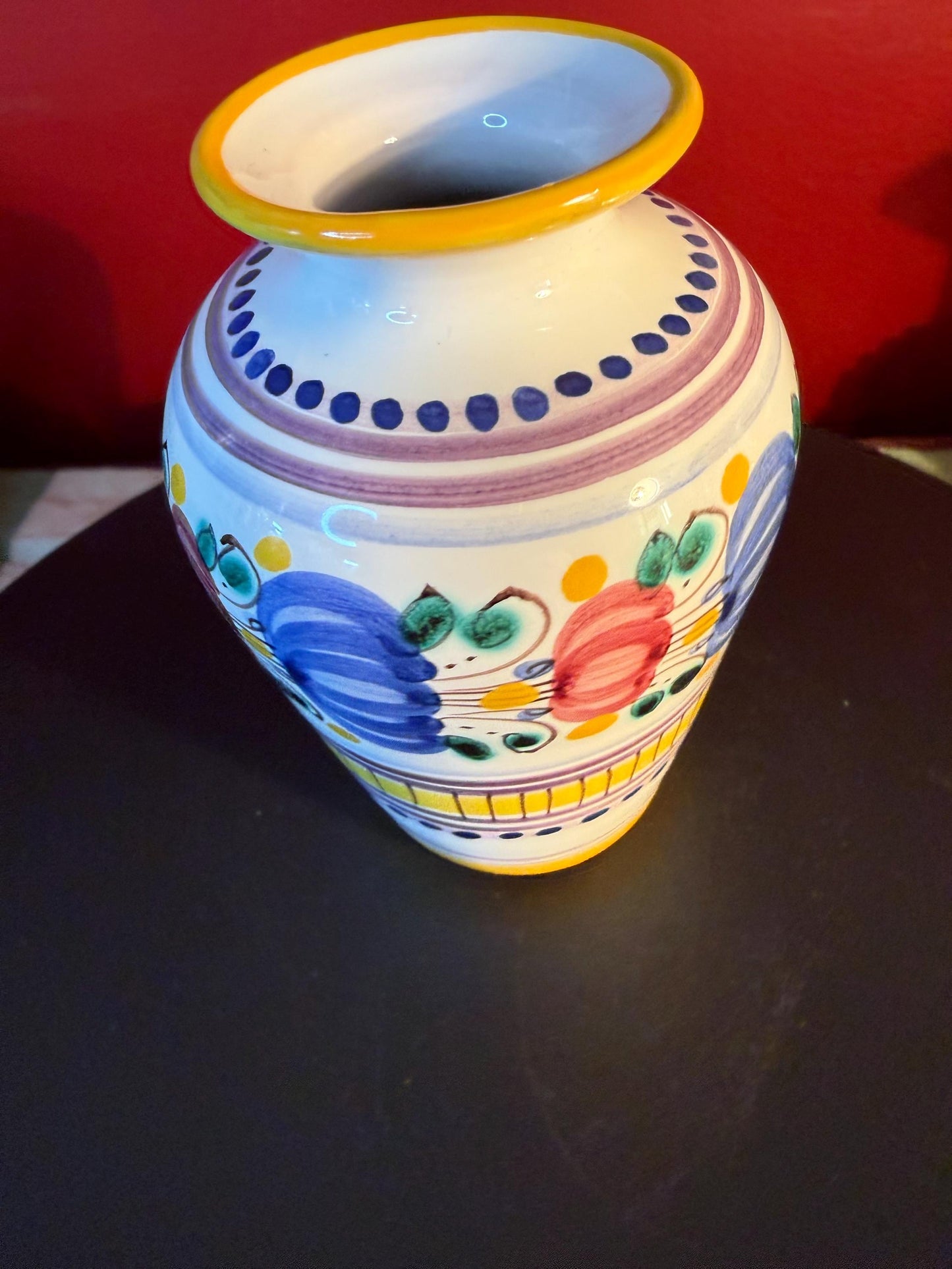 Vintage Modra Slovak Folk Art Mini Vase: Hand-Painted Majolika Pottery, 3 Inch Cream Yellow Blue