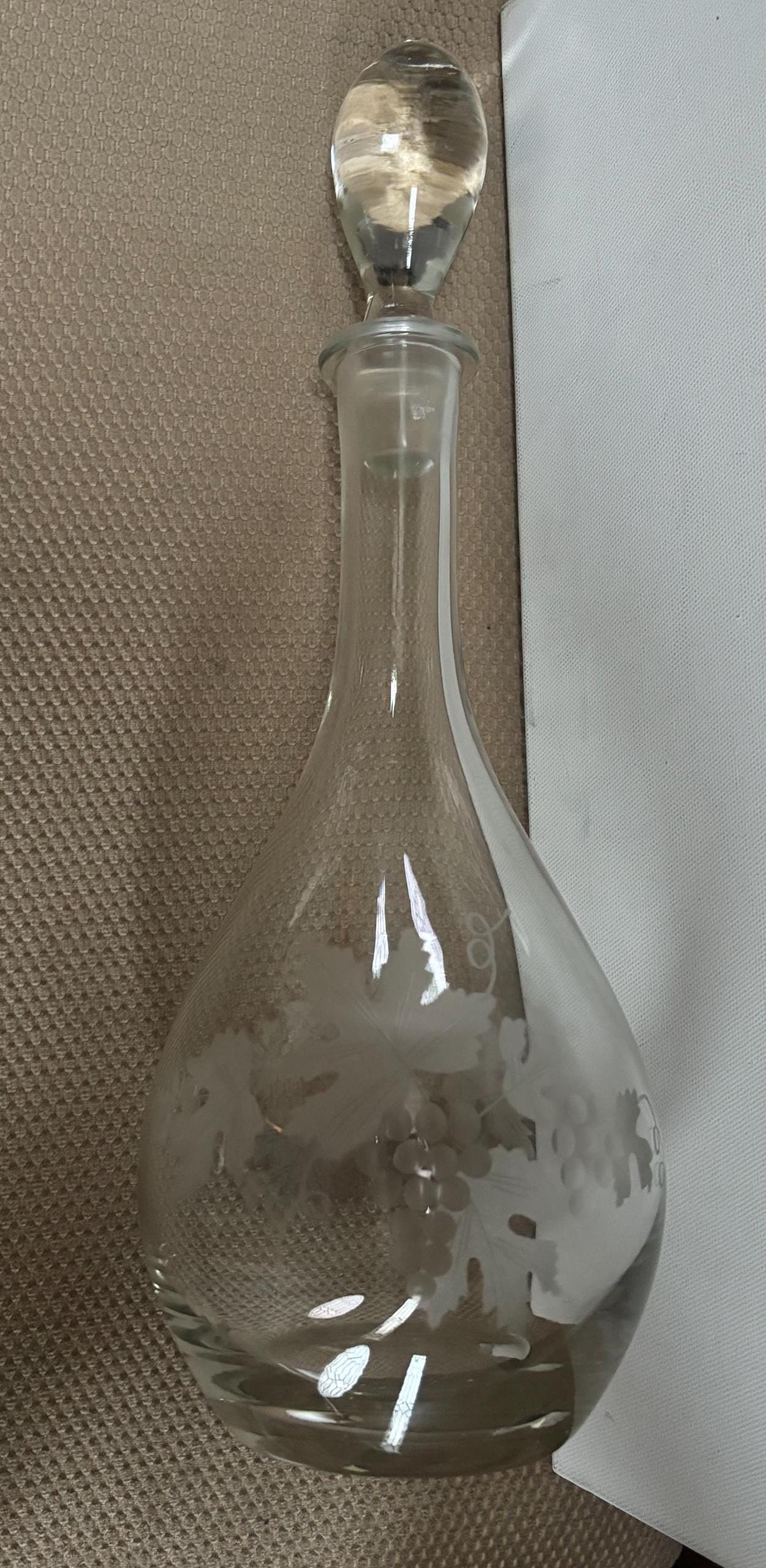 Vintage Etched Glass Decanter Wine Bottle Decanter & Stopper Tall Crystal Glass Lover Antiques and Vintage