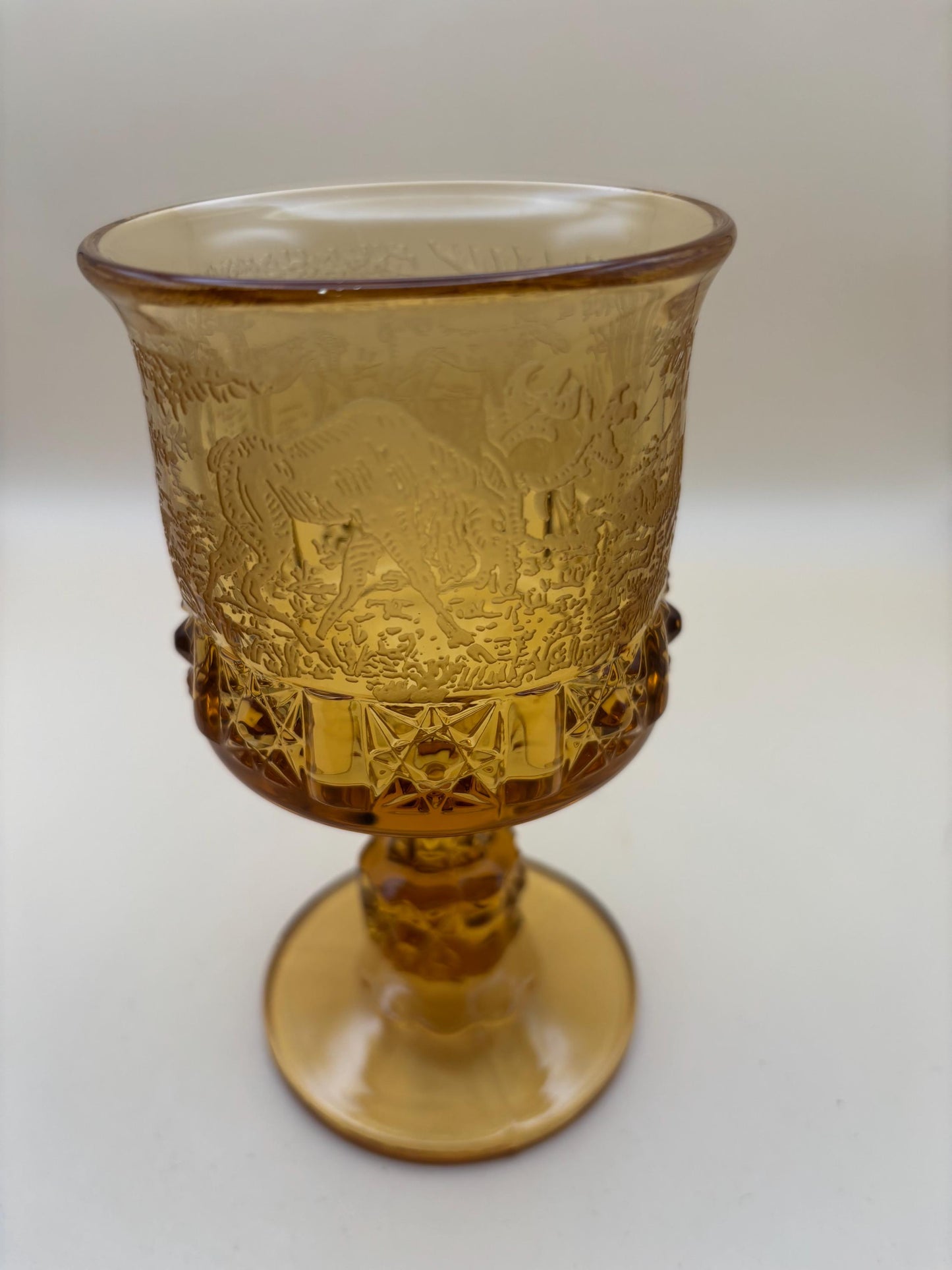 LG Wright Glass Co Daisy & Cube Amber Goblet, Lover Antiques and Vintage