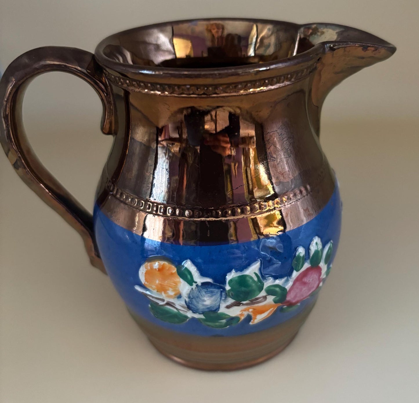 Antique Stafforshire Hand Painted Copper Lustreware Milk Jug Mini Pitcher Circa 1880’s Lover Antiques and Vintage