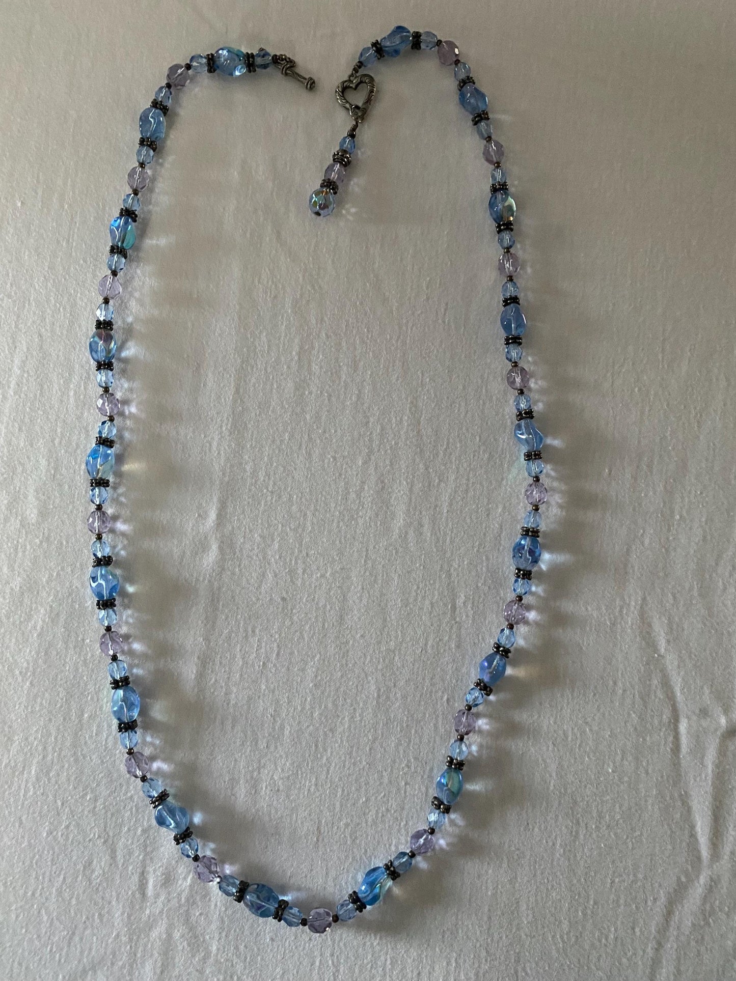 Vintage Blue Silver Beaded Necklace with Heart Clasp, Unique Gift for Her, Romantic Silver Jewelry, Antique Blue Beaded Necklace
