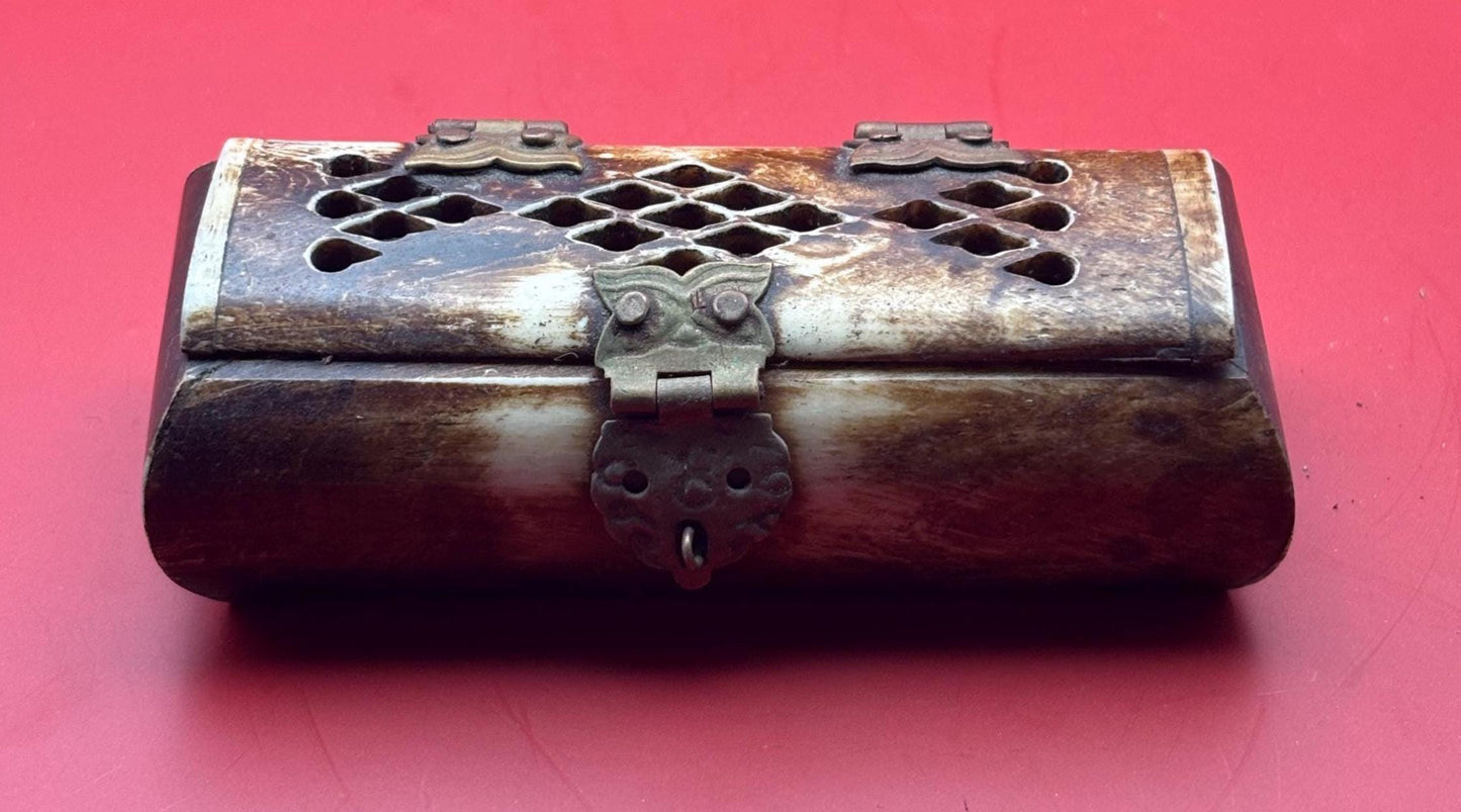 Vintage Camel Bone and Brass Trinket Box with Owl Hinges