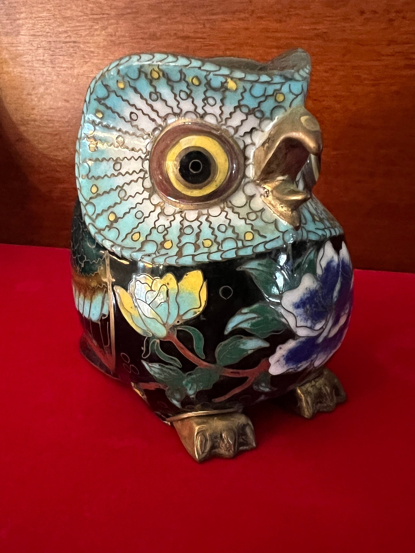 Vintage Cloisonné Enamel Owl Figurine: Cobalt Blue Brass Base
