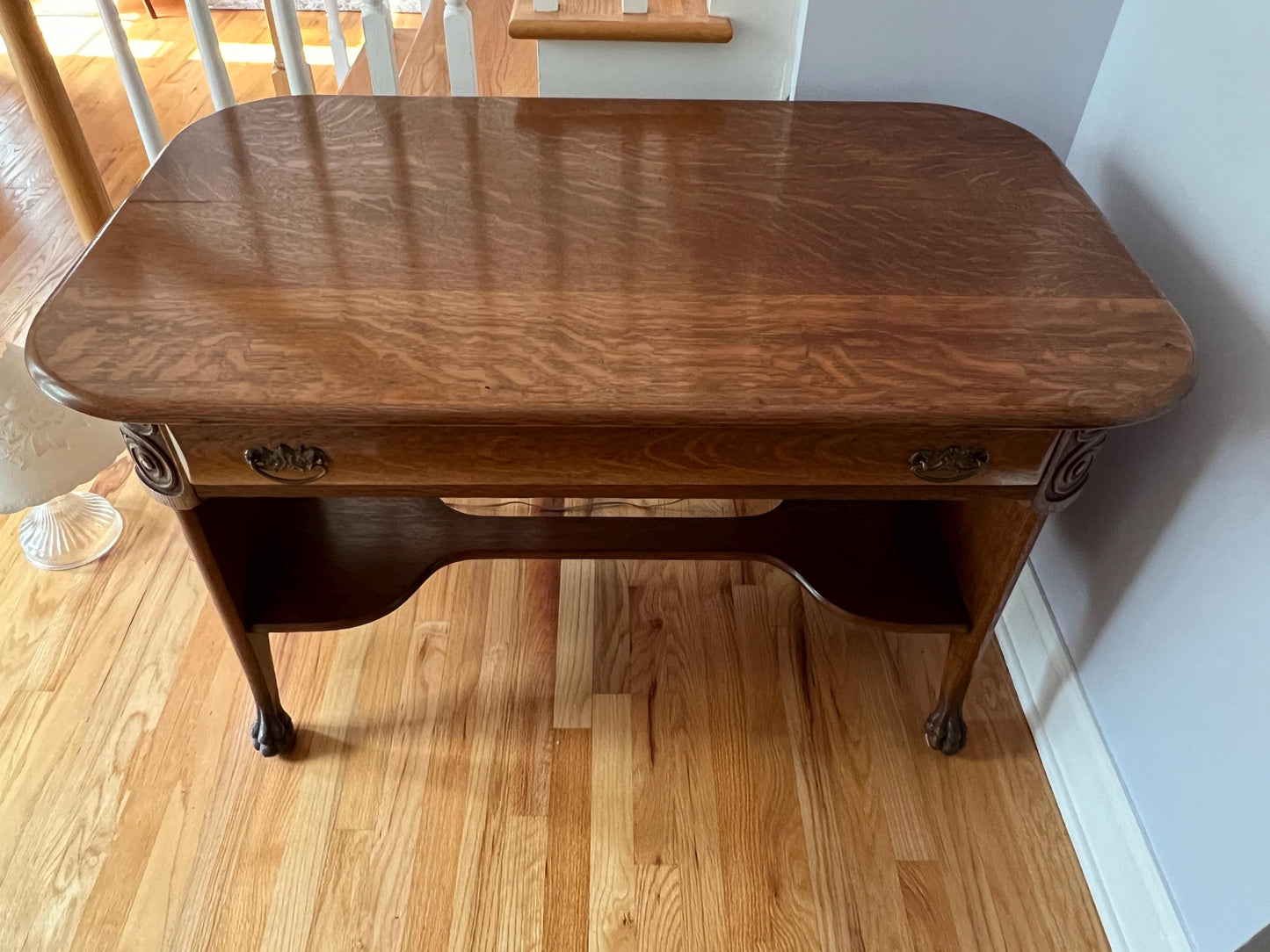 Antique Oak Claw Foot Table: Carved Wood Console Table, 1920s