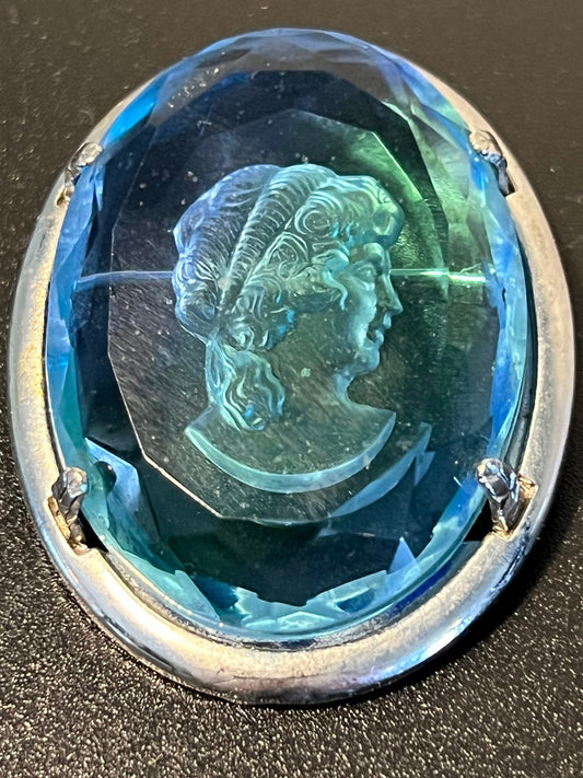 Vintage Warner Cobalt Blue Cameo Brooch: Reverse Carved Woman Portrait