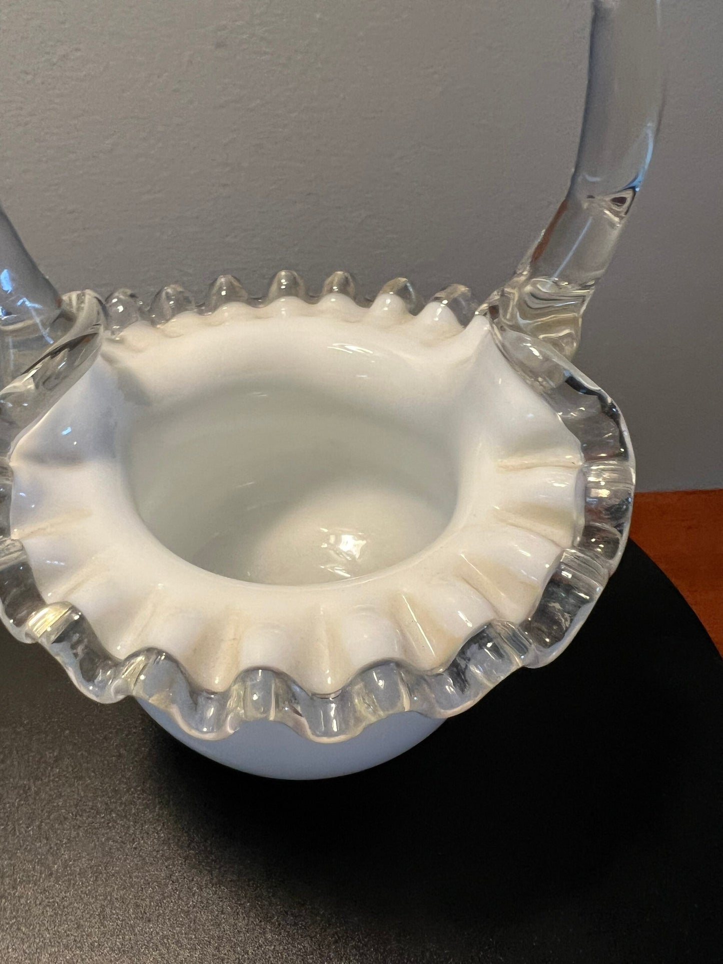 Vintage Fenton Silvercrest Basket Vase: White Ruffled Edge Art Glass