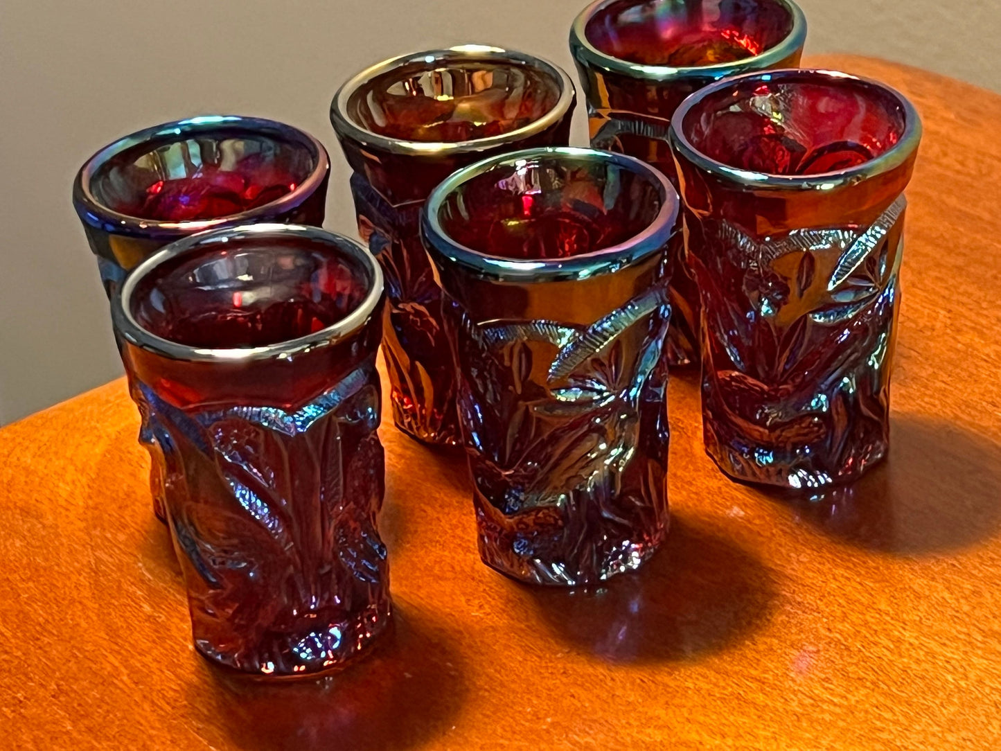 Vintage Carnival Iridescent Glass Swung Vase with Shot Glasses Set