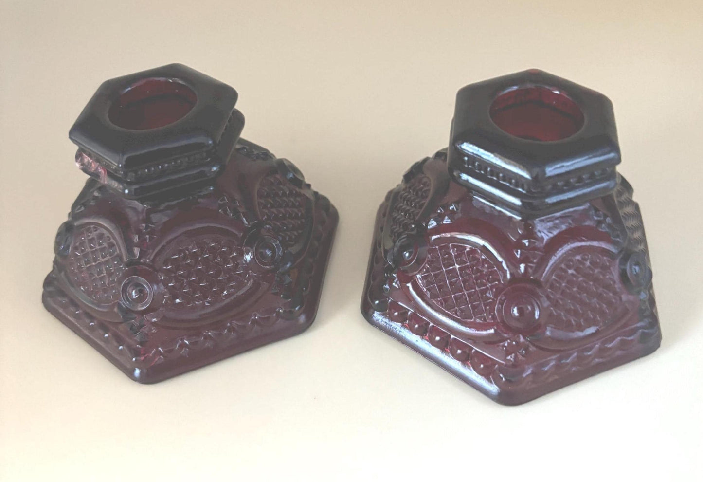 Vintage Fenton Ruby Red Pair of Mini Candleholders Candlestick Holders Lover Antiques and Vintage
