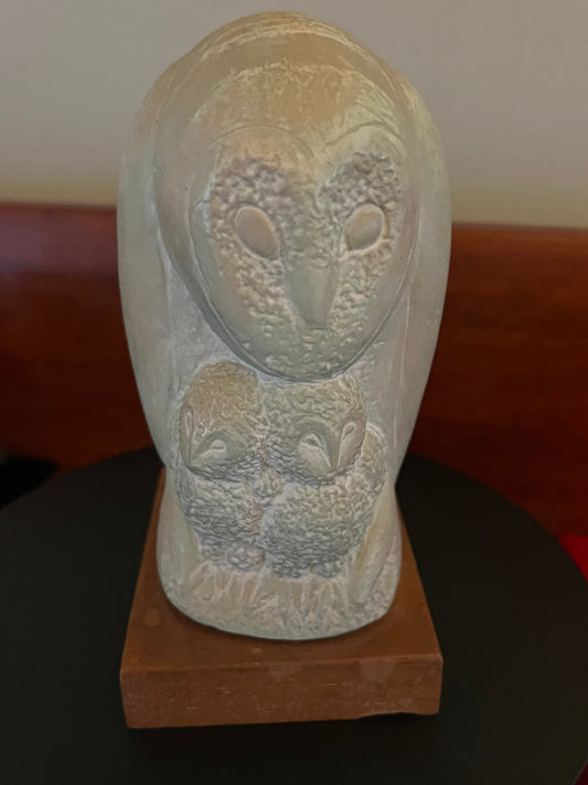 Vintage Grete Schiller Owl and Babies Statue, Alva Museum Replica Owl Figurine with wood base, Vintage