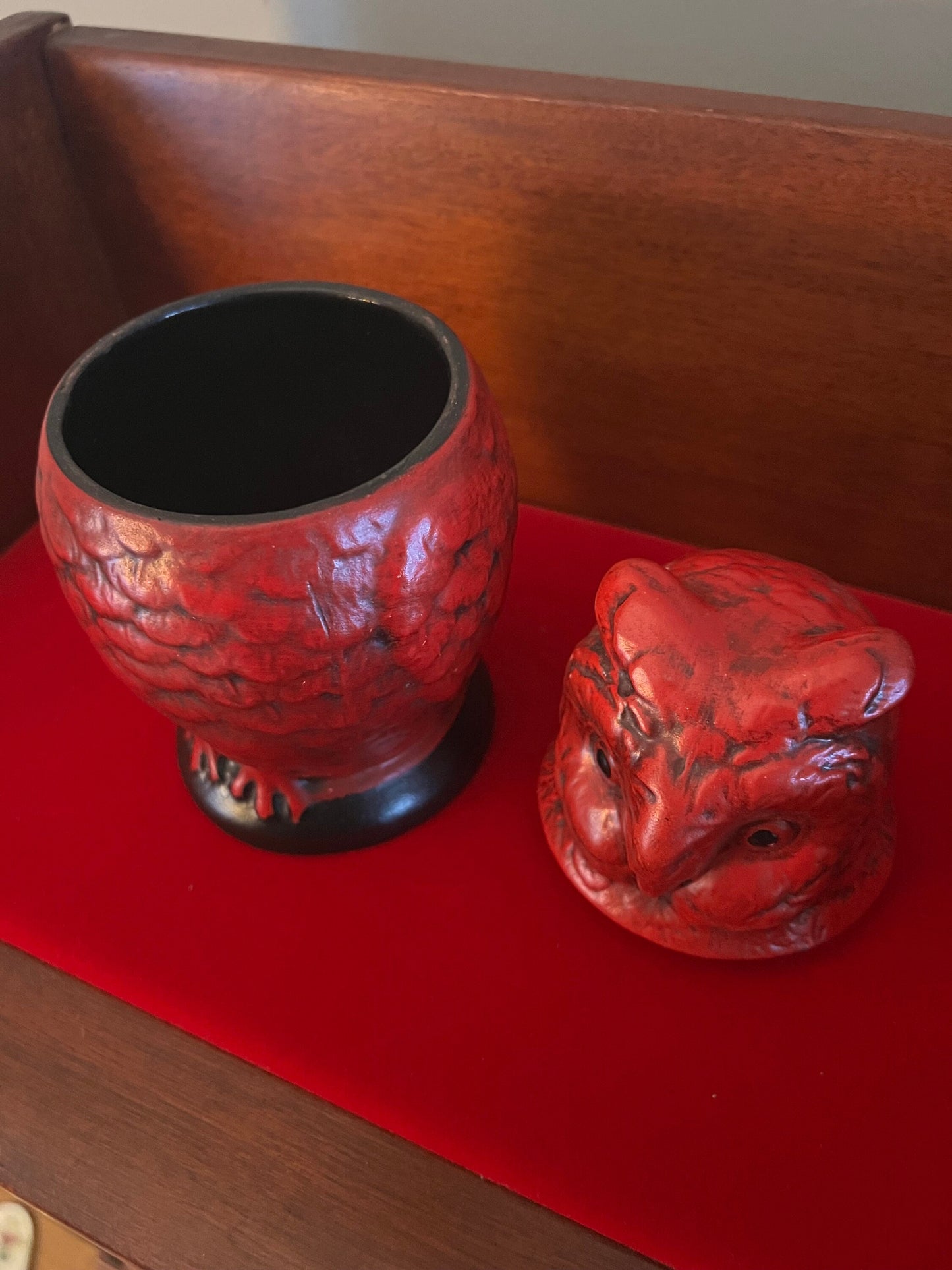 Vintage Red Ceramic Owl Jar: Removable Head Trinket Dish