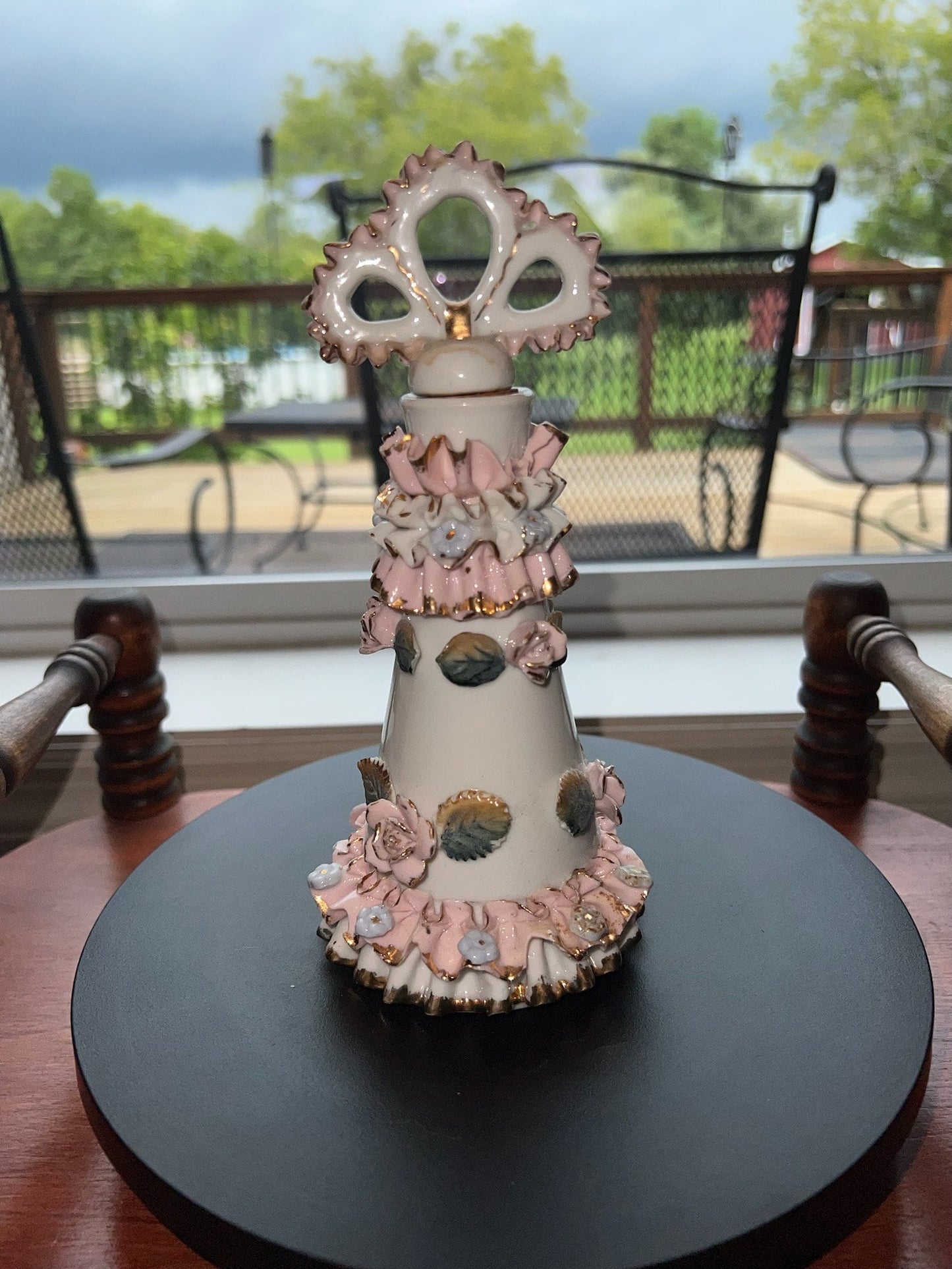 Vintage Thames Hand Painted Roses Perfume Bottle Ceramic Frilly Lace Lover Antiques and Vintage