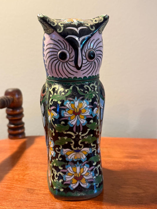 Vintage Cloisonné Brass Enameled Tall Standing Owl Statue Colorful Enameled Owl Figurine Lover Antiques and Vintage