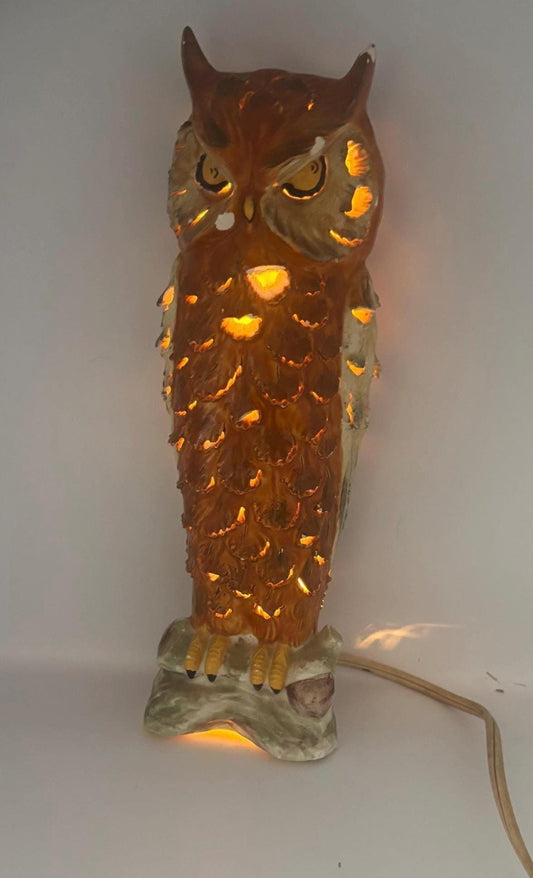 Vintage Ceramic Owl Lamp Mid Century Brown Porcelain Figurine Night Light Decor