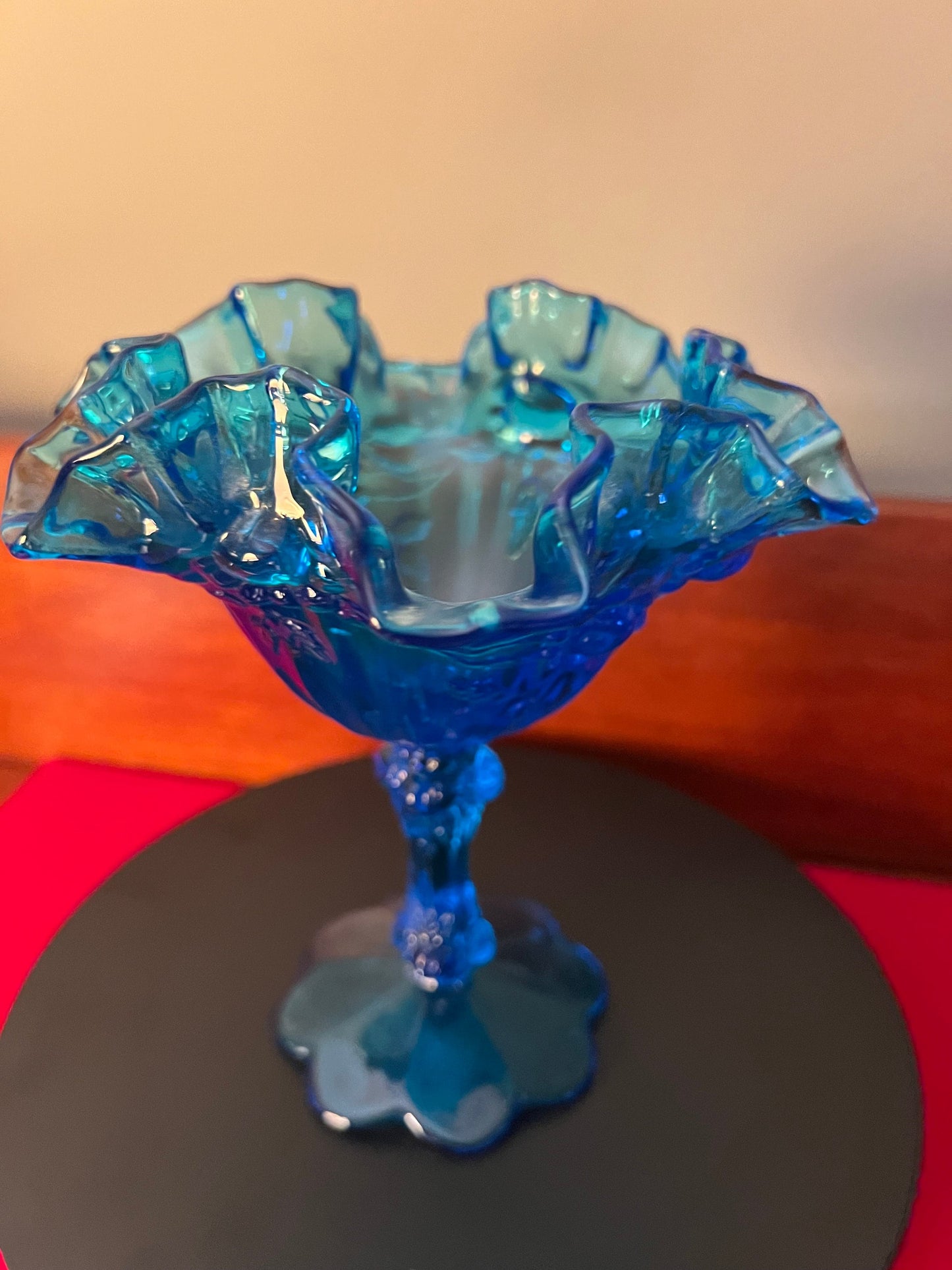 Vintage Fenton Colonial Blue Ruffled Compote, Fenton Art Glass, Candy Dish, Fancy Blue Glass Art, Lover Antiques and Vintage