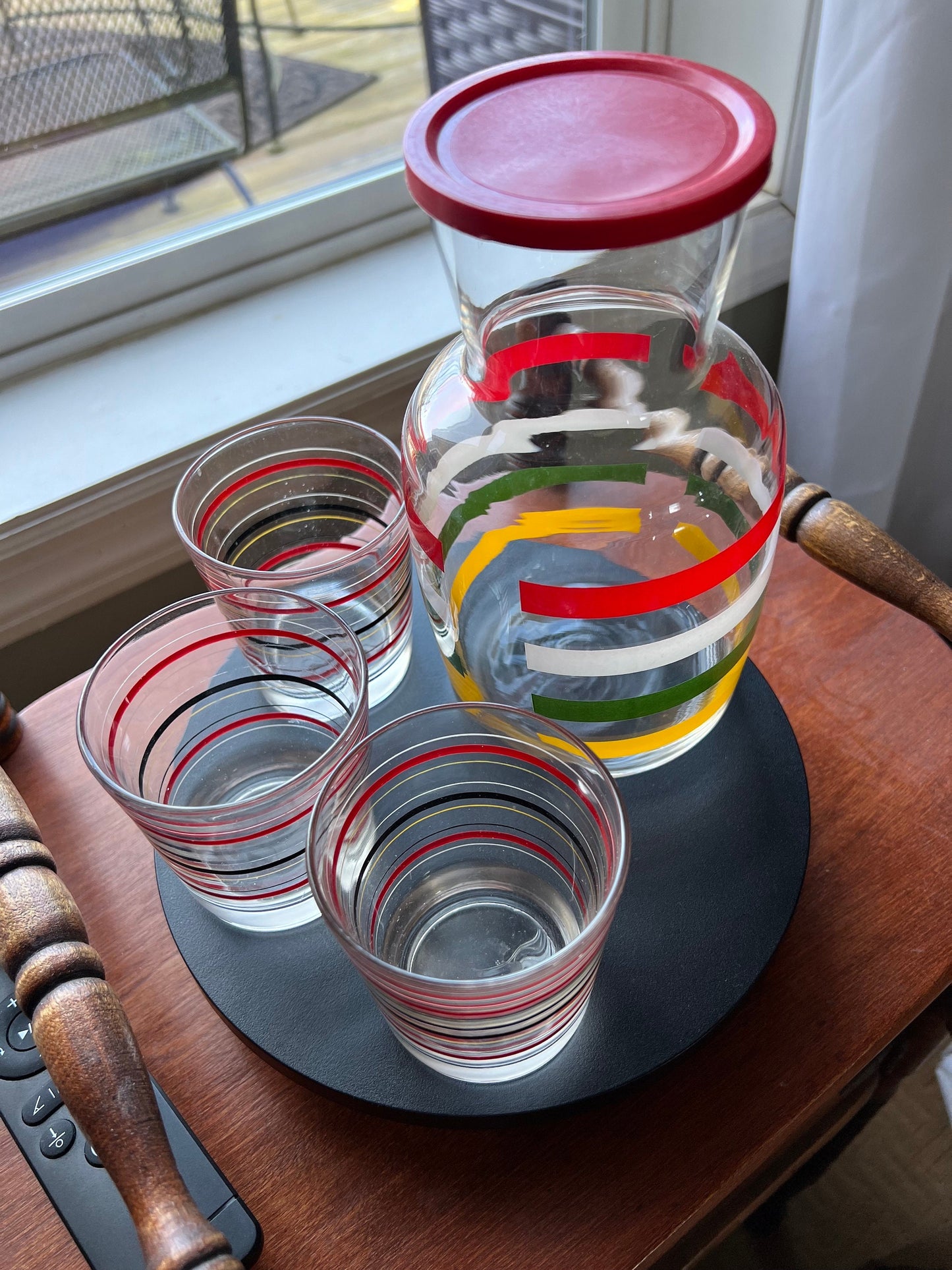 Vintage Fiesta Bands Striped Carafe with Lid & Glasses - Mid Century Modern Anchor Hocking