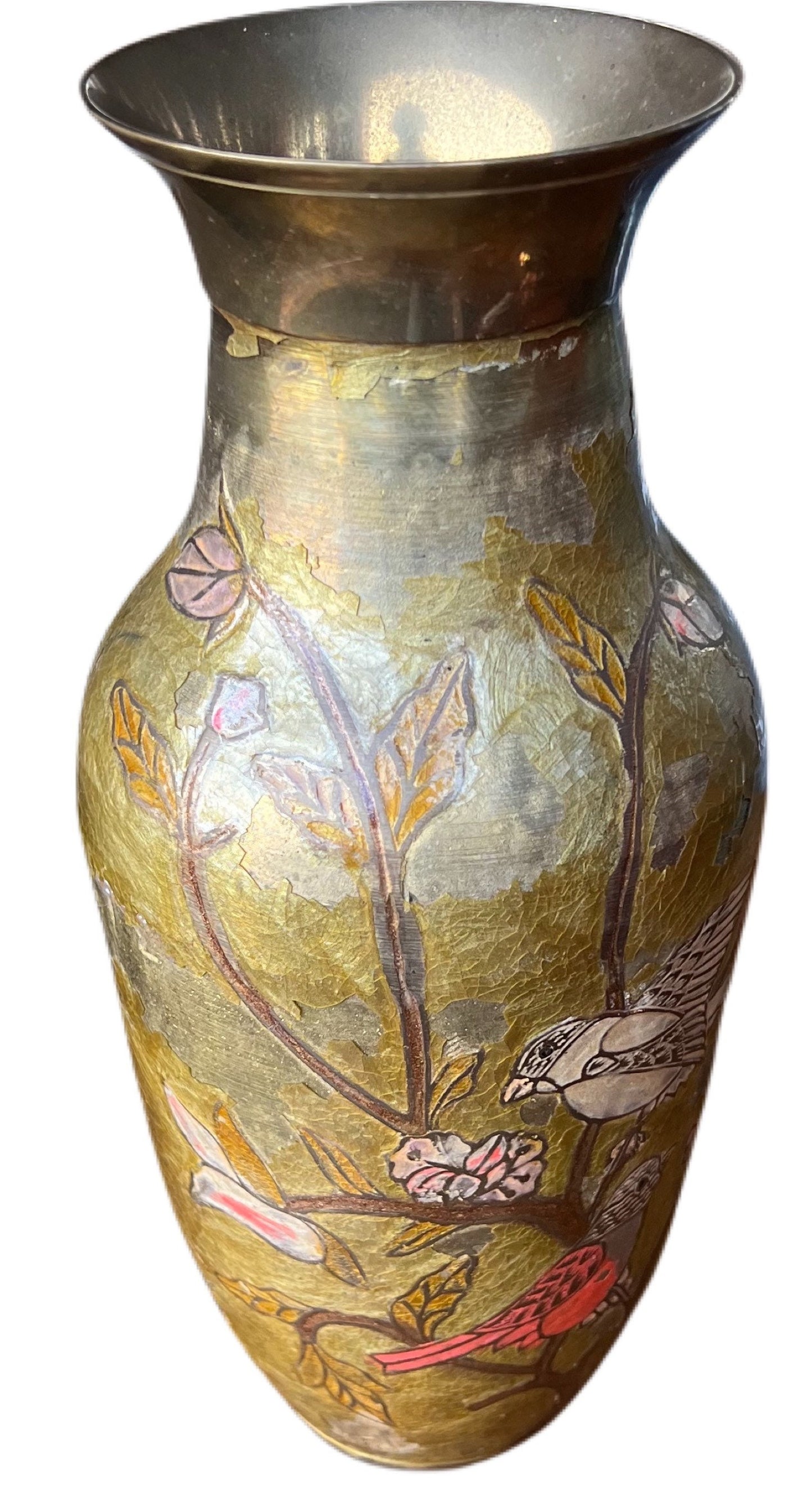 Antique chinese bronze vase hand painted and engraved with colorful birds on blooming tree