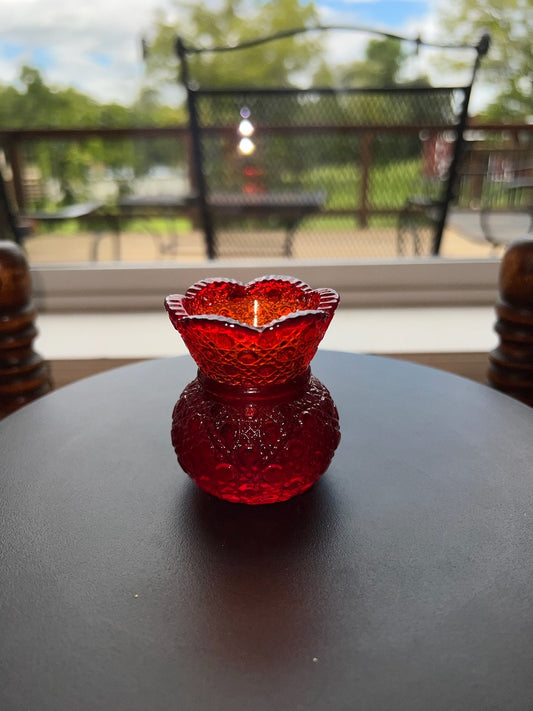 Vintage Ruby Red Amberina Cut Glass Toothpick Holder: Small Sugar Dish