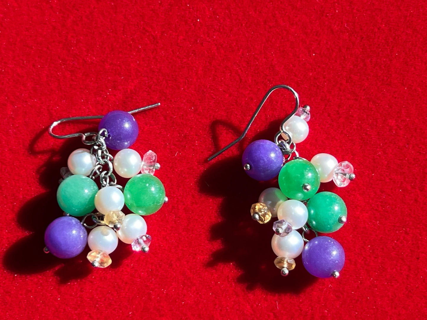 Vintage Cha Cha Earrings: Purple, Green, and White Beaded Jewelry