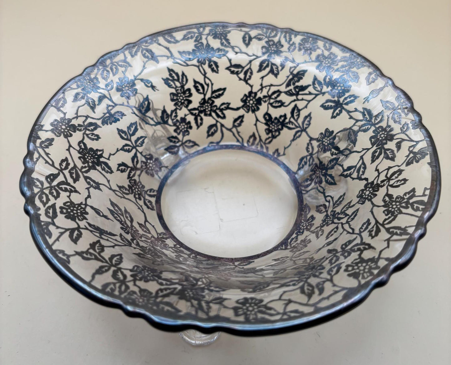 Silver on Crystal Large Three Footed Glass Bowl, By Silver City, Lover Antiques and Vintage