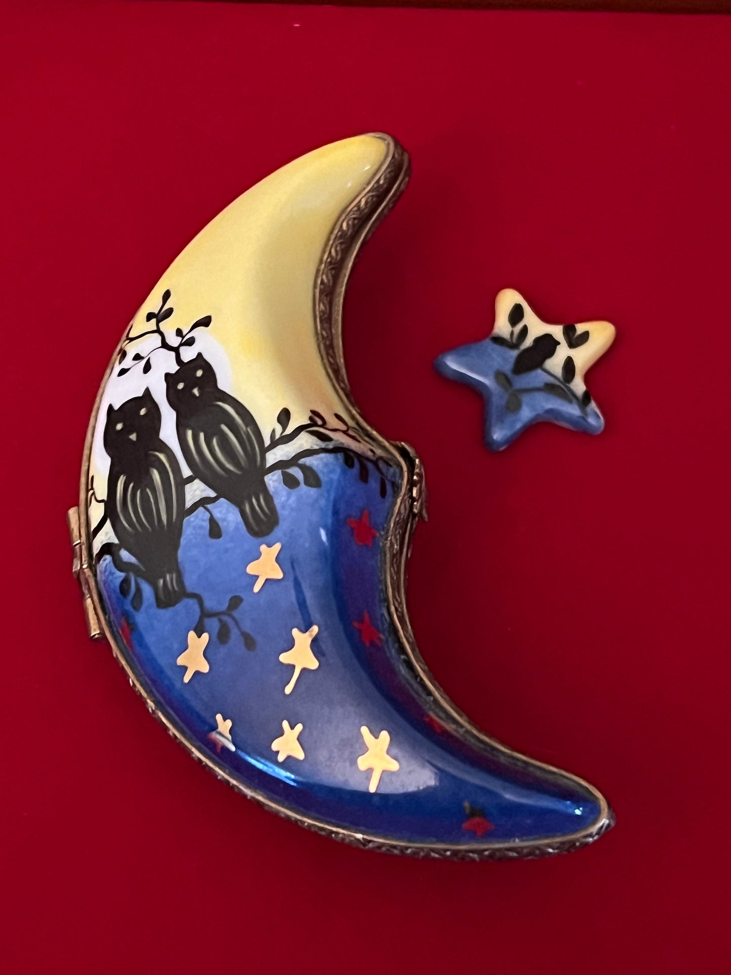 Vintage Limoges Porcelain Trinket Box: Moon with Owls & Star