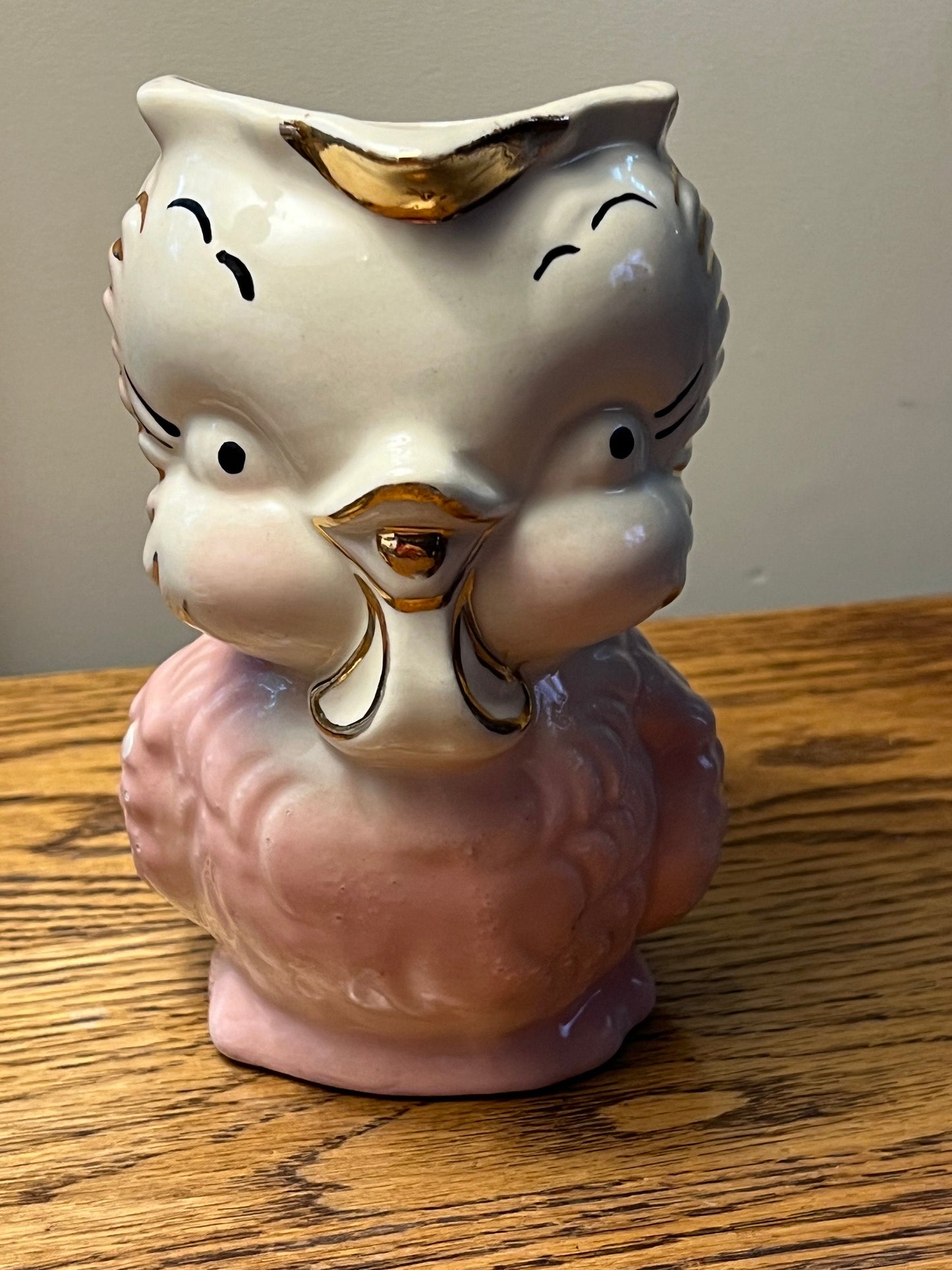 Vintage Shawnee Pottery Owl Pitcher: Pink & White with 14K Gold Trim