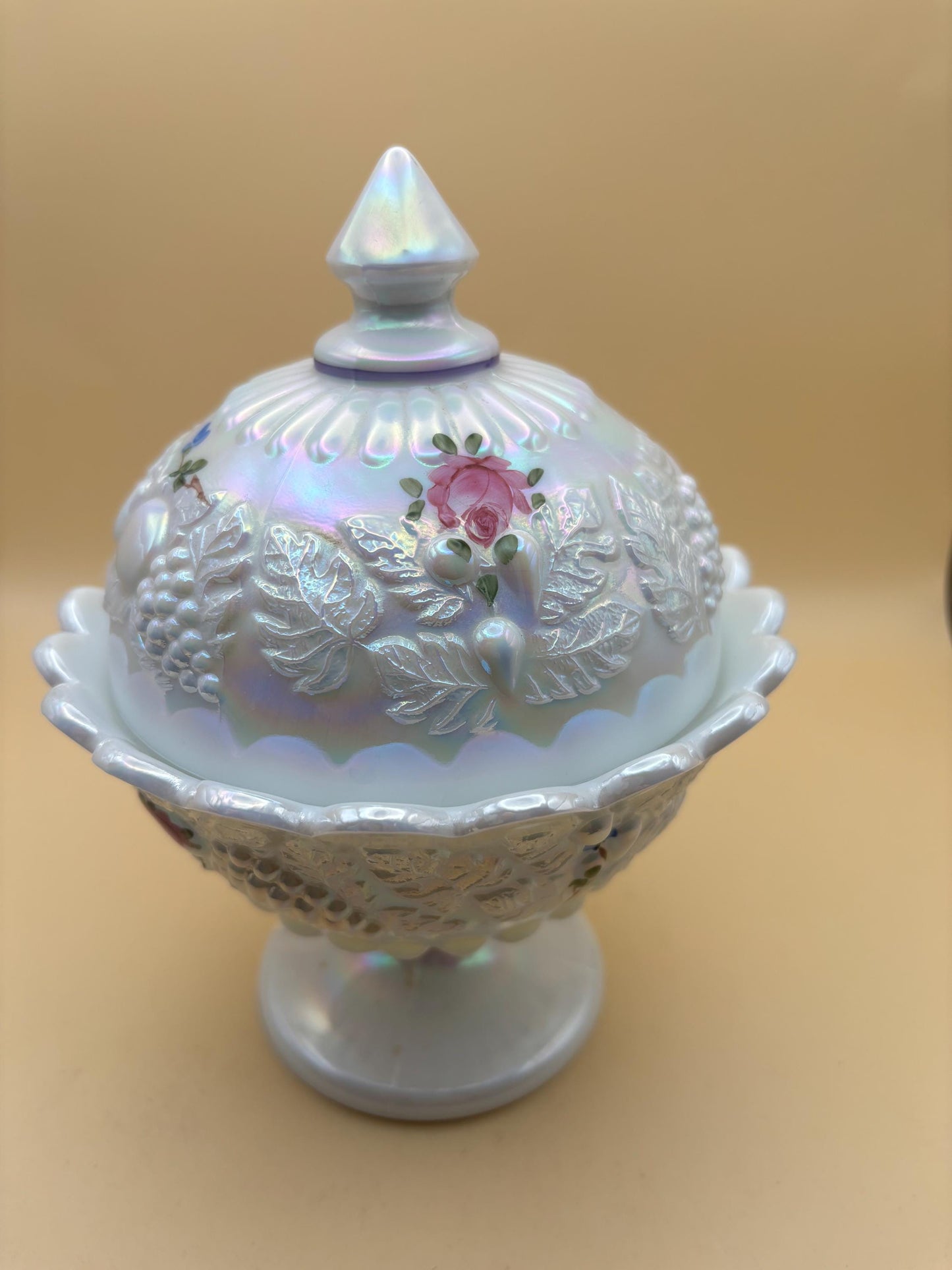 Vintage Westmoreland Iridescent Lidded Compote Candy Dish Grapevine Pattern with Hand Painted Roses Design Lover Antiques and Vintage