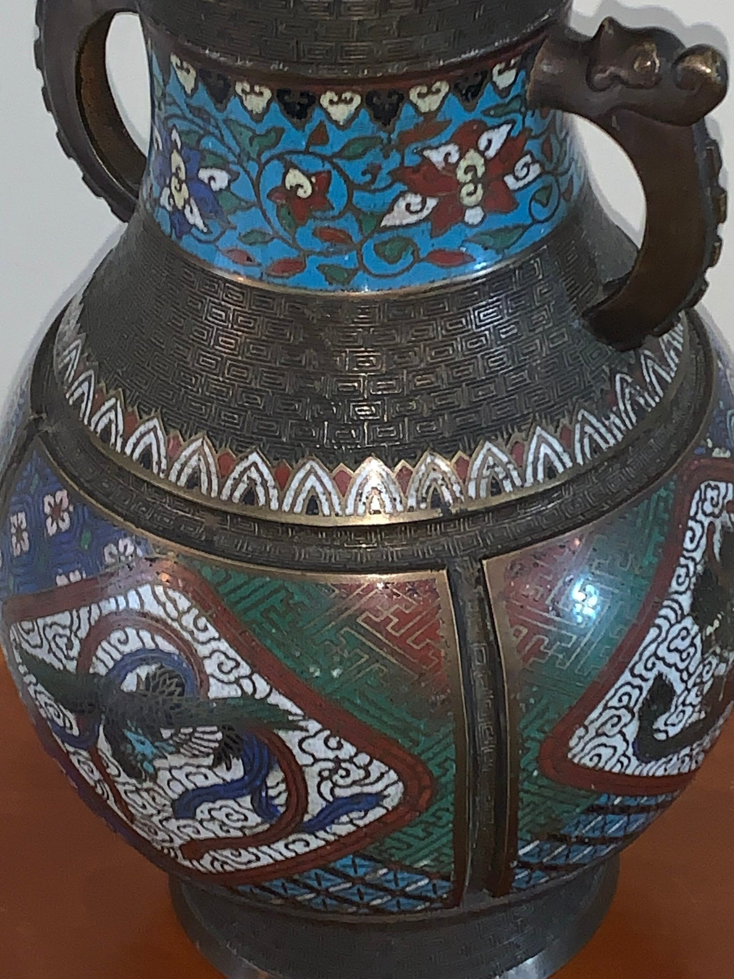 Antique Cloisonné Champlevé Bronze and Enamel Chinese Oriental Table Lamp