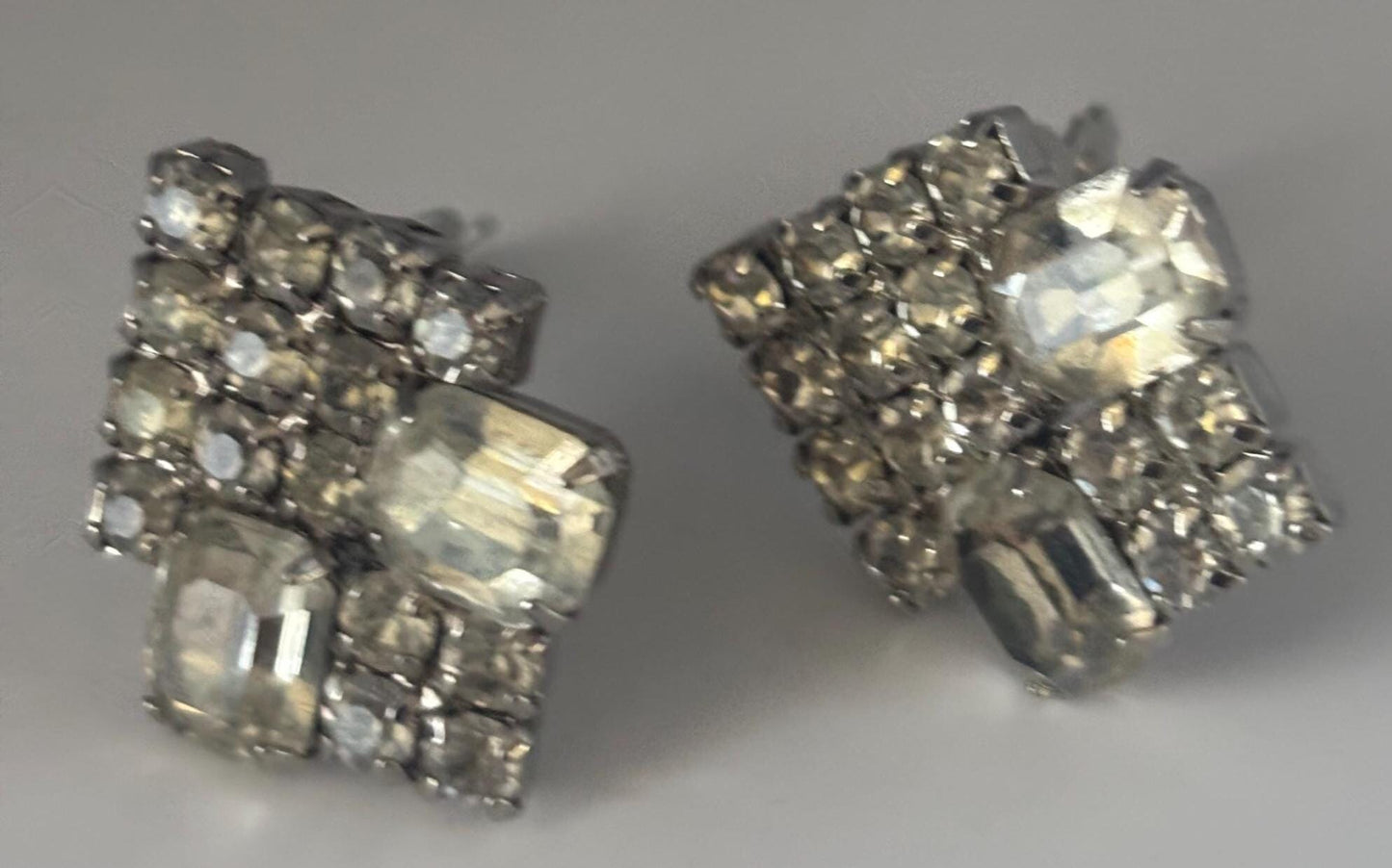 Silver Rhinestone Sparkling Clip On Earrings, Art Deco Jewelry