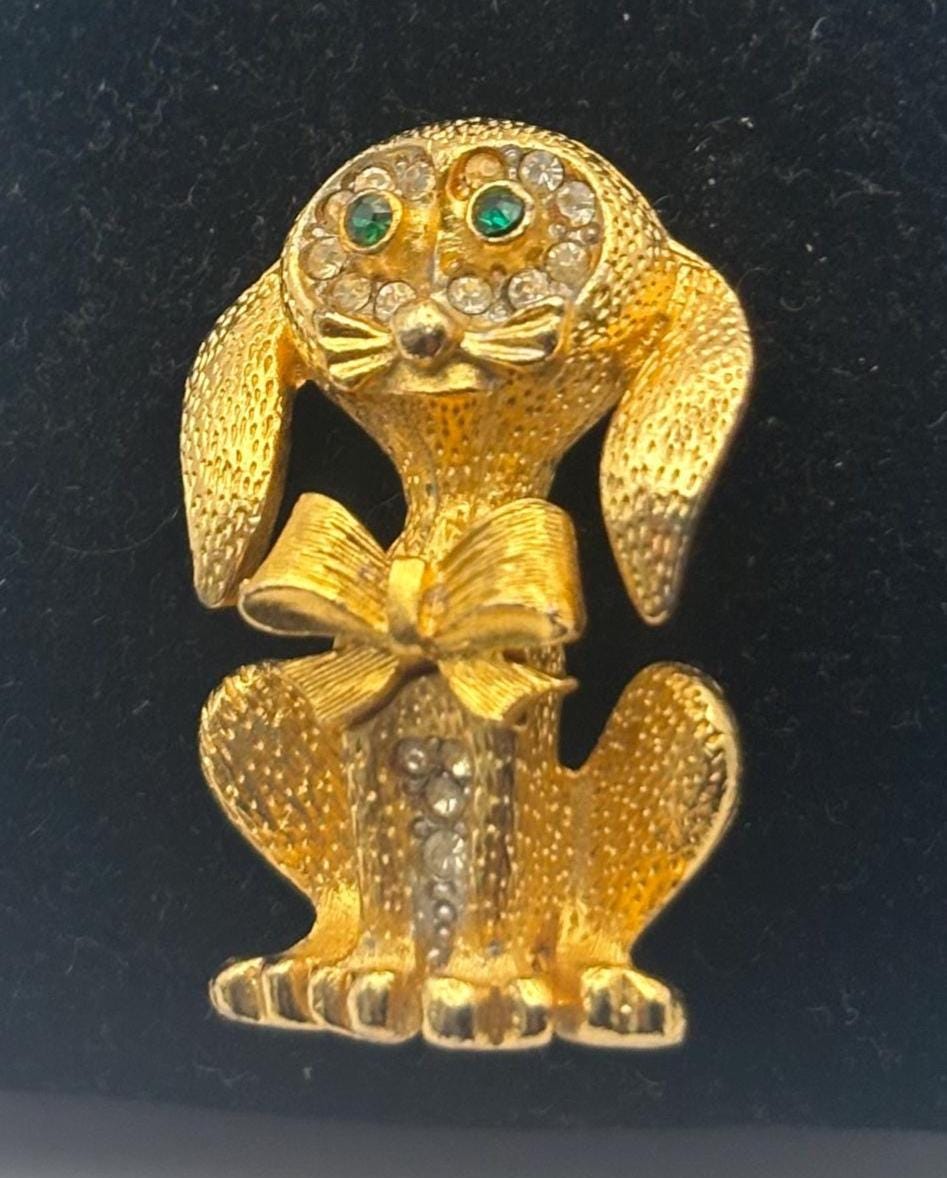 Gold Puppy with Green Rhinestone Eyes Pin, Dog with Bow Brooch, Signed SAO